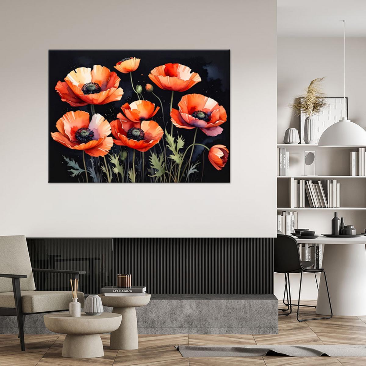 WANDBILD, Feldmohnblumen auf schwarzem Hintergrund - Rot, Textil (30/20cm) - Feeby