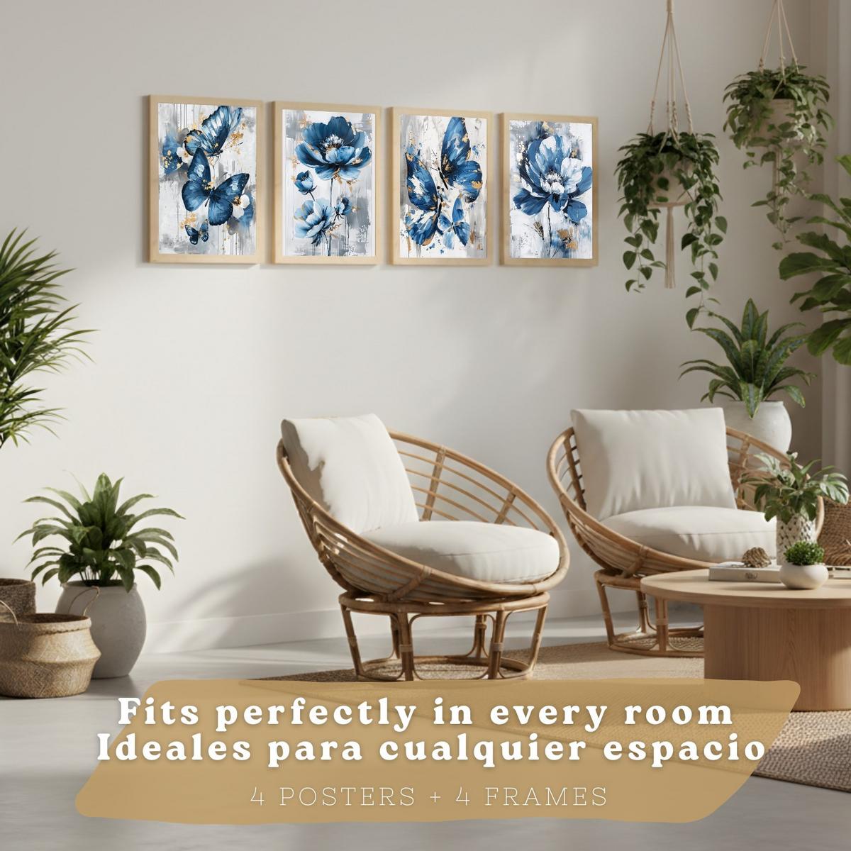 POSTER 4er Kunstdruck-Set Wandbilder Blumen Blau Schmetterlinge modern Wohnzimmer Deko, Schlafzimmer, Küche, Badezimmer Rahmenlos A3 - Beige, Papier (29.7/1/42cm) - Nacnic