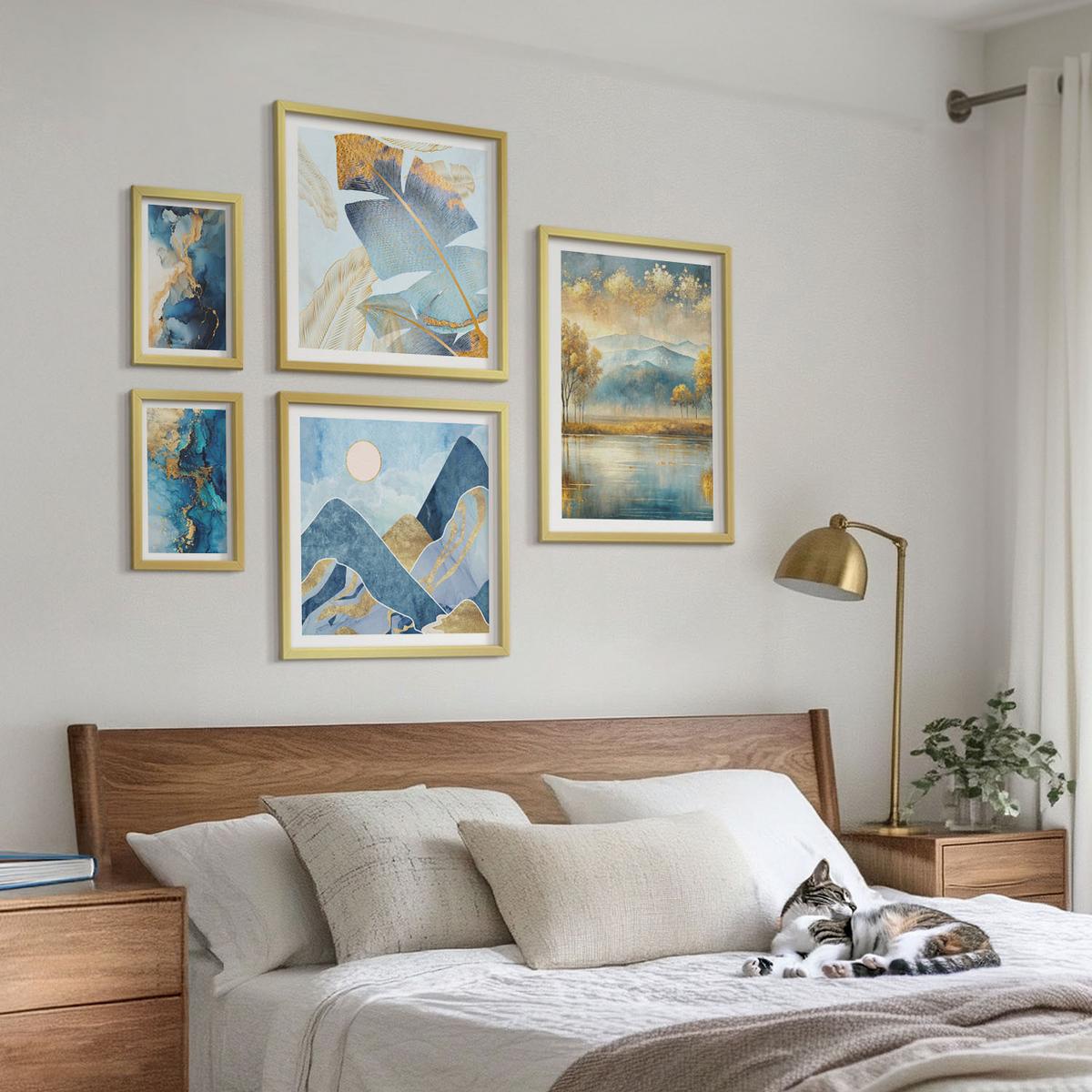 BILDER SET 5er Set - 50x50 cm & 20x30 cm & 40x60 cm Goldrahmen - Goldmuster in den blauen Bergen - Goldfarben, Kunststoff (40/60cm) - TULUP