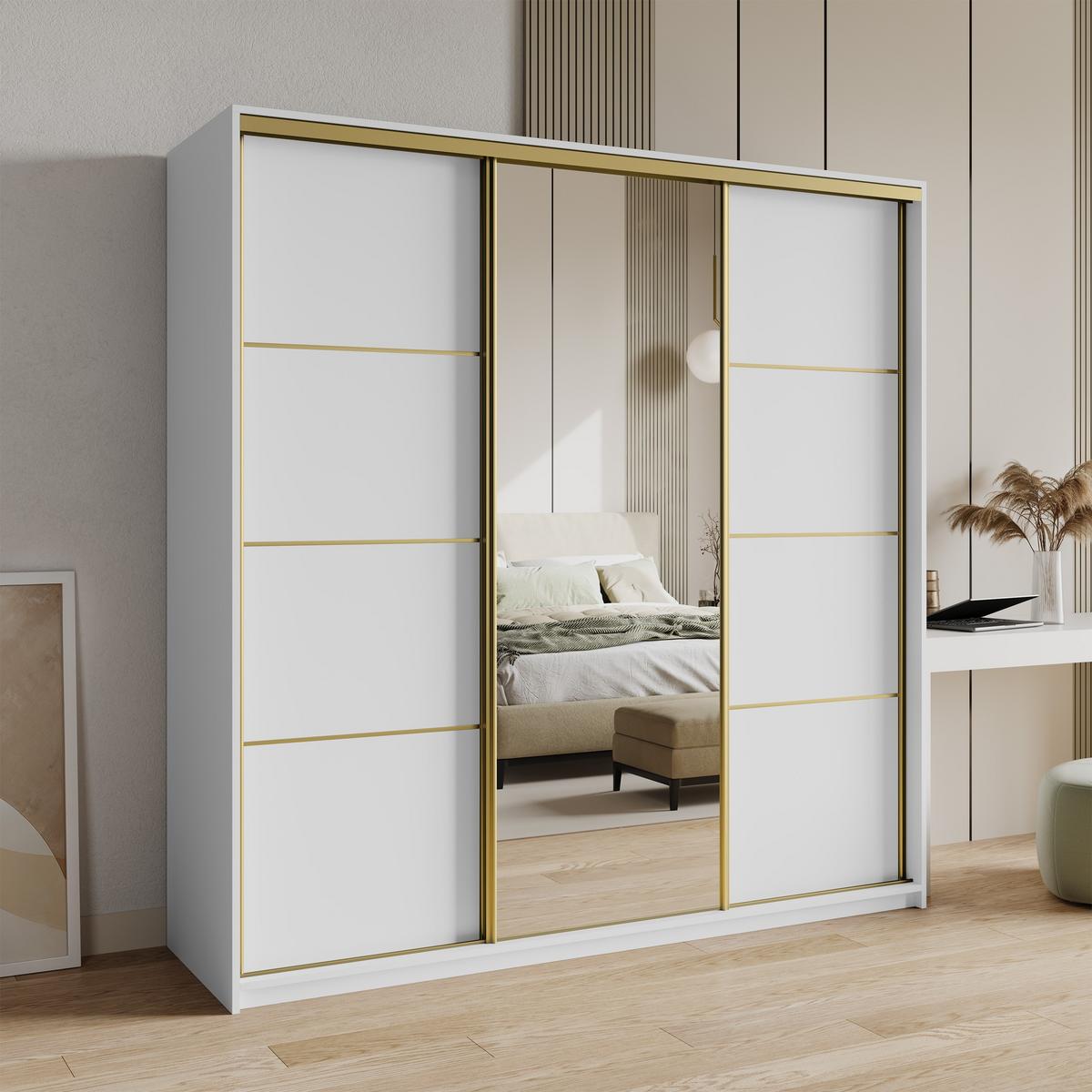 SCHWEBETÜRENSCHRANK VARO 180/205/60 cm 3-türig mit Spiegel und Schubladen Weiß - Goldfarben/Weiß, Holzwerkstoff (180/205/60cm) - MASSENO