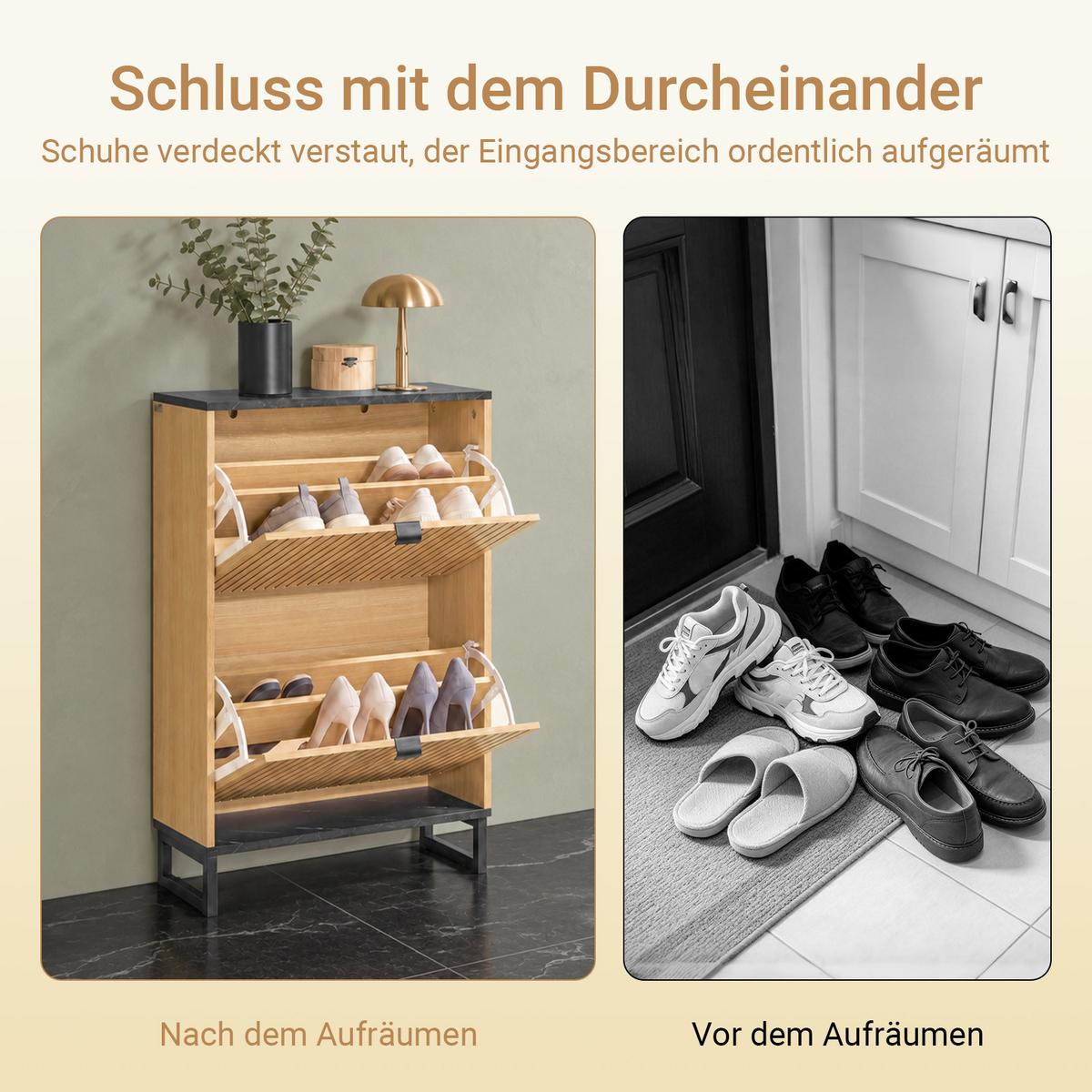 SCHUHSCHRANK mit 2 Klappen, 60 x 88 x 24 cm, Holzoptik, ca. 10 Paar, bis EU 47, Metallfüße, schmal für Flur und Diele - Naturfarben, Holzwerkstoff (60/88/24cm) - SoBuy