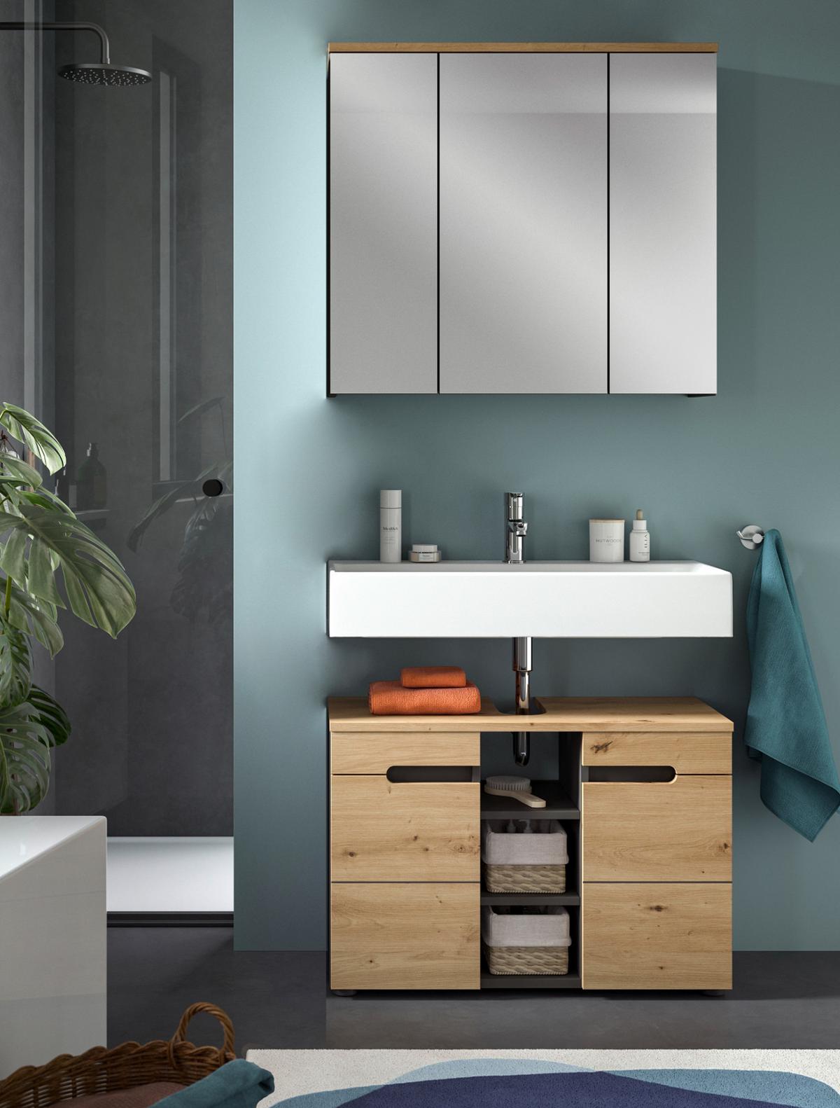 SPIEGELSCHRANK Eiche, grau 80 cm, Badschrank mit Soft-Close - Eiche Artisan/Grau, Glas/Holzwerkstoff (80/73/21cm) - Inn.Furn