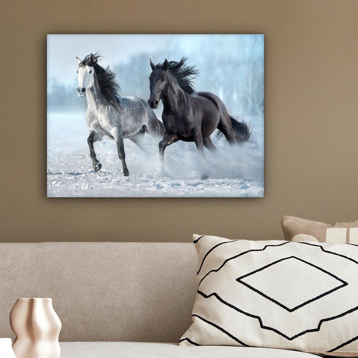 LEINWANDBILD Pferde - Winter - Tiere - Natur - Schnee Wandbild 40x30 cm - Anthrazit, Textil (40/30cm) - MuchoWow