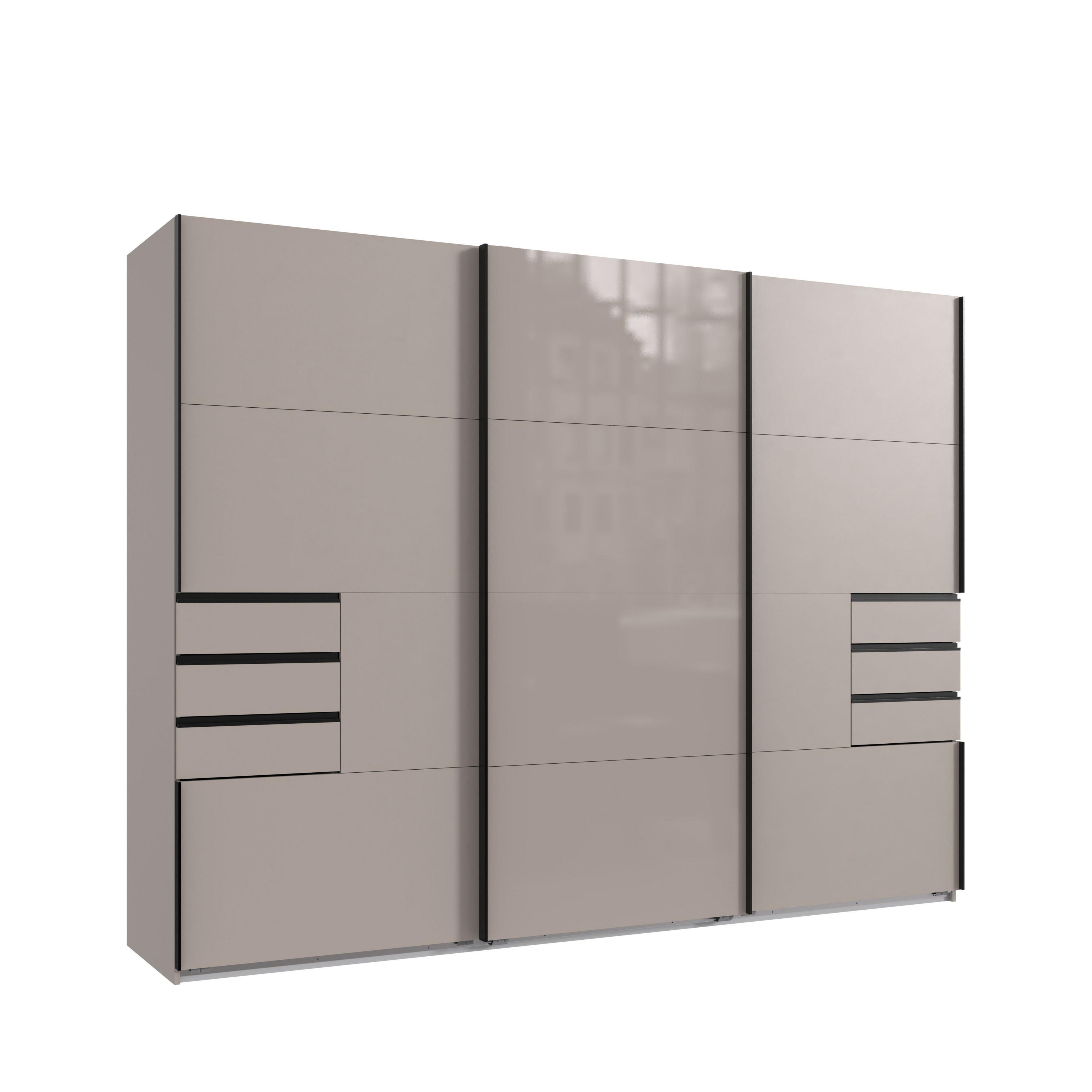 SCHWEBETÜRENSCHRANK 3-türig B270/H208/64 cm, Sandgrau, Mitteltür Glas, Kleiderschrank mit Schubladen & Vollausstattung, / 22614 - Sandfarben/Schwarz, Holzwerkstoff/Metall (270/208/64cm) - luma-home