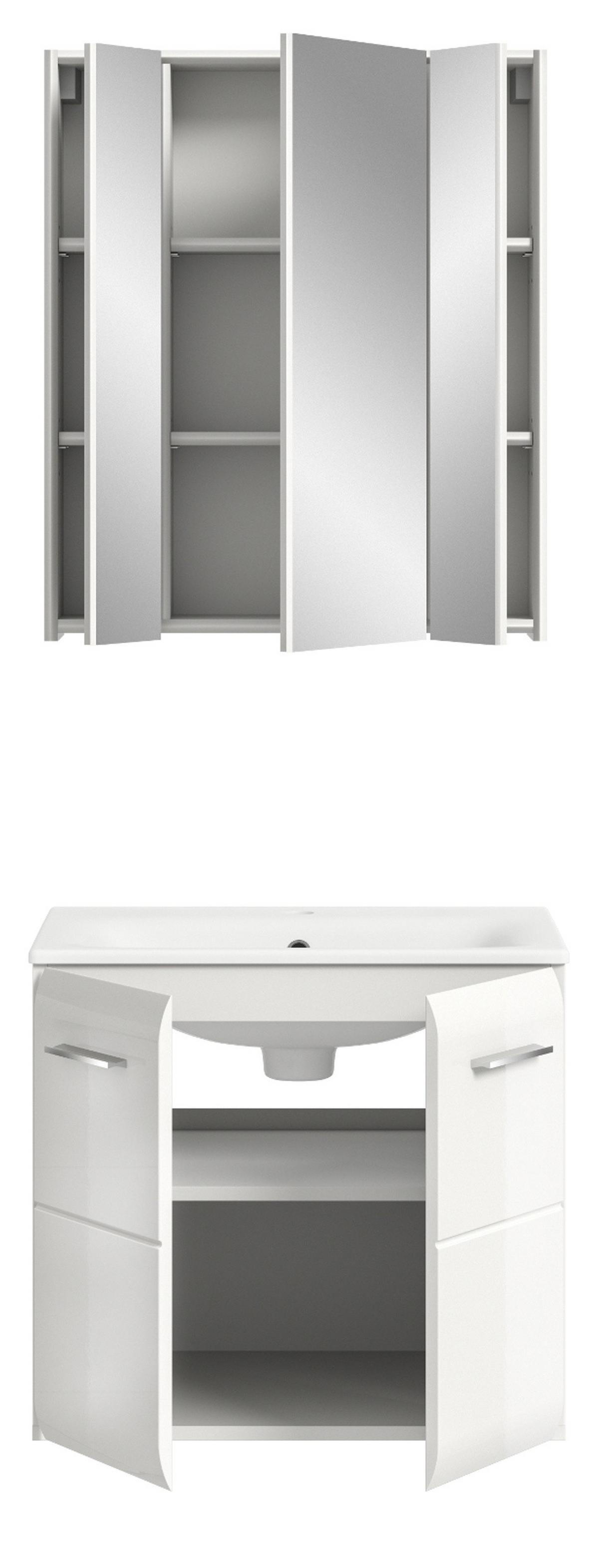 BADMÖBEL-SET 2-teilig weiß Hochglanz, Kombination inklusive Waschbecken 60 cm - Weiß Hochglanz/Silberfarben, Glas/Keramik (60/185/46cm) - Inn.Furn