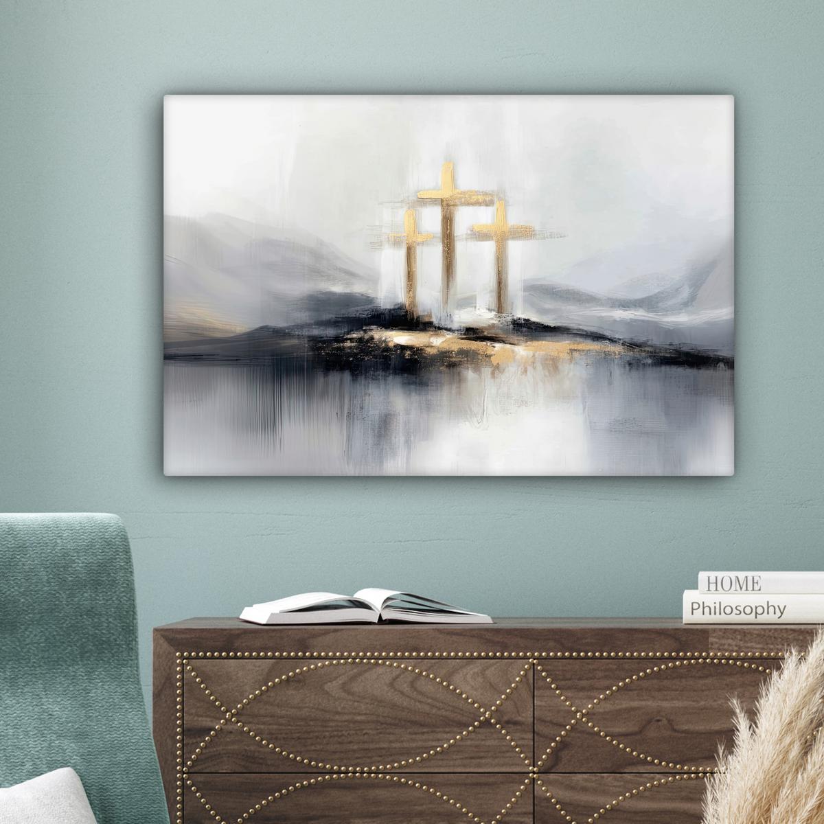 LEINWANDBILD Abstrakt - Malerei - Christentum - Kreuz Gemälde 60x40 cm - Weiß, Textil (60/40cm) - MuchoWow