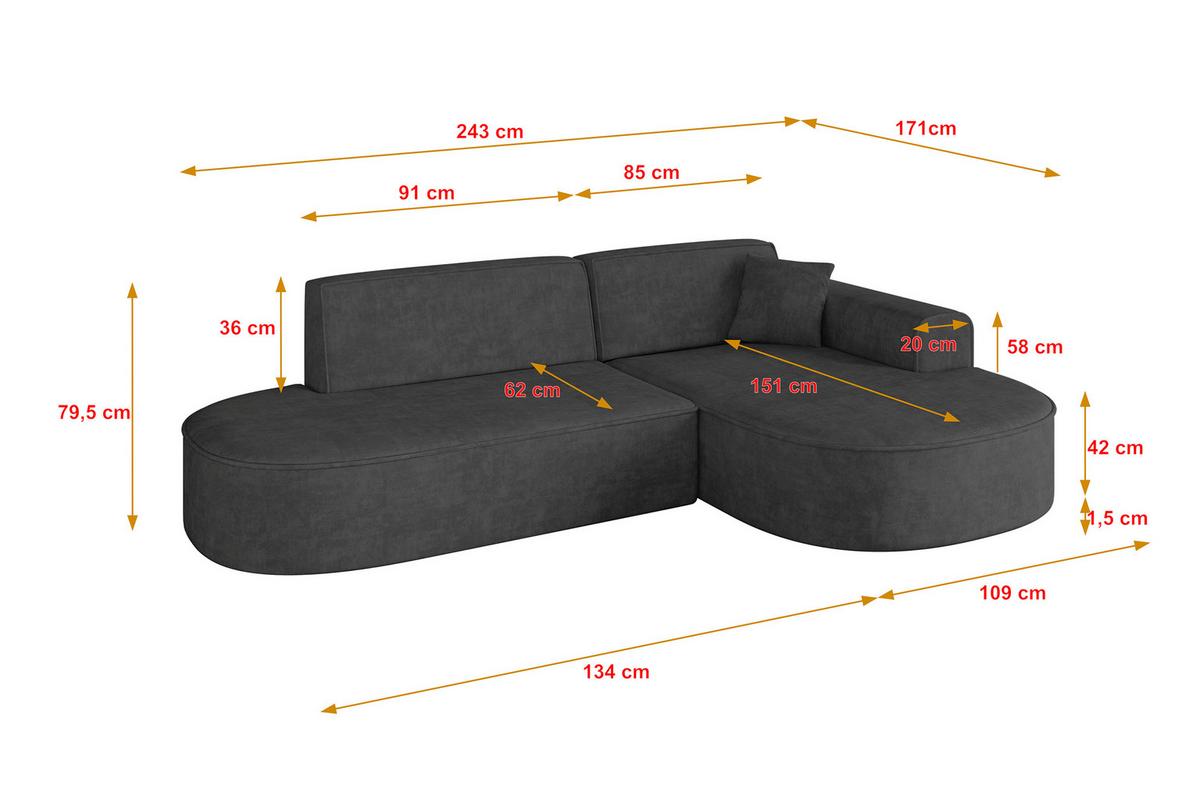 ECKSOFA Ottomane Rechts MARI-L1 - 243x171x79 cm Dunkelgrau Velours - Dunkelgrau/Schwarz, Holzwerkstoff/Kunststoff (171/243cm) - ALTDECOR