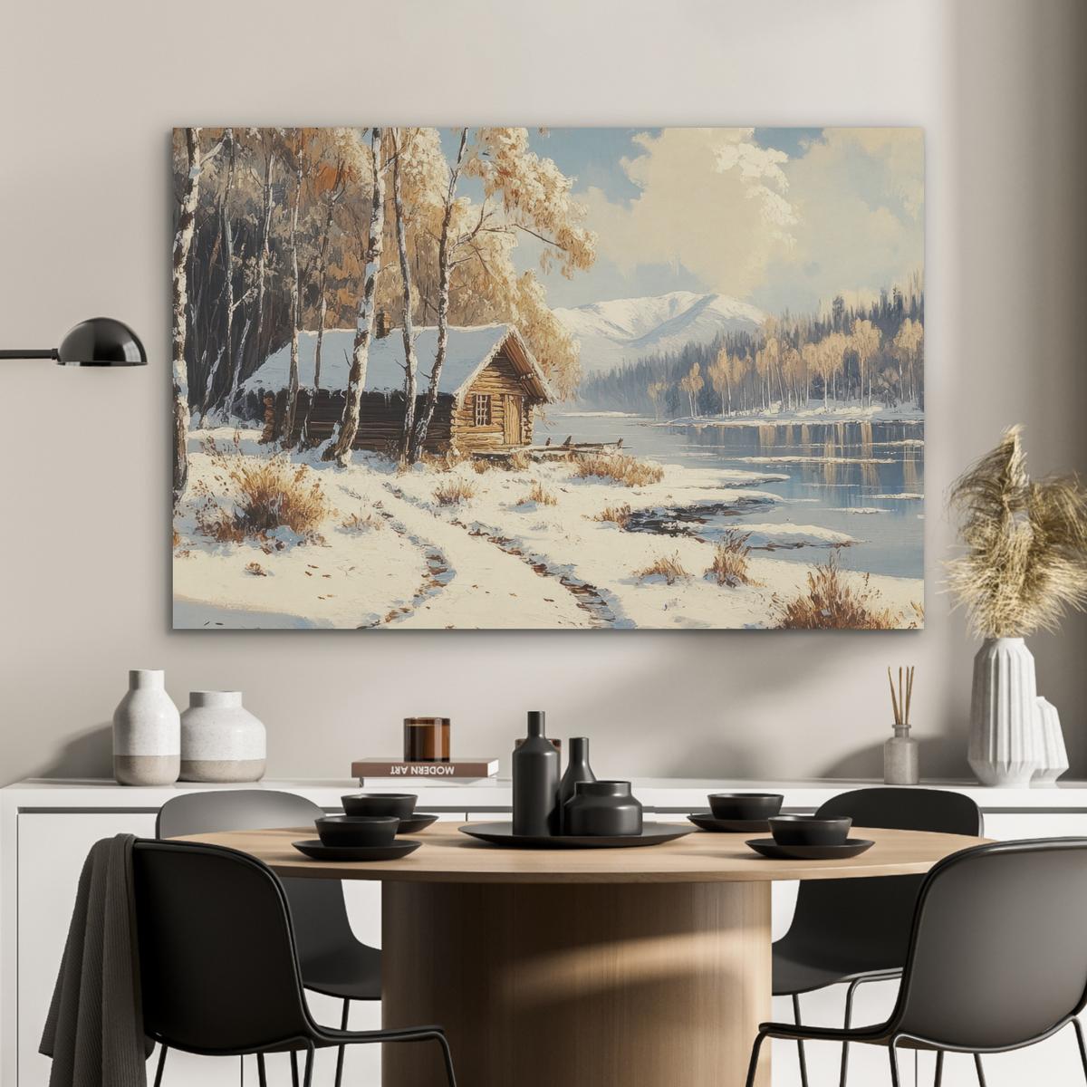 AKUSTIKBILD Winter - Schnee - Zuhause - Natur Wandbild Wohnzimmer 100x70 cm - Hellbraun, Kunststoff (100/70/0.9cm) - MuchoWow