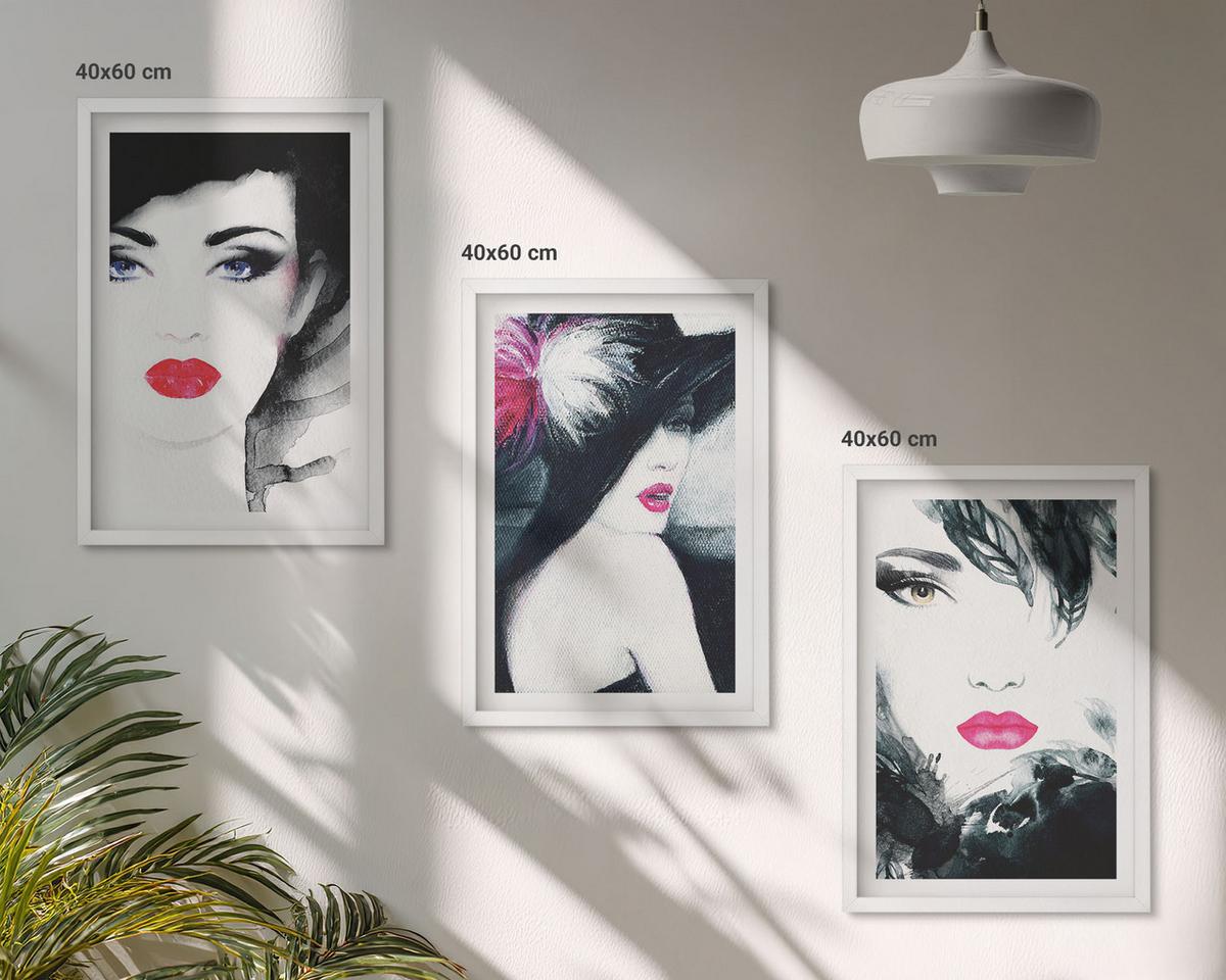 BILDER SET 3er Set - 40x60 cm Weißer Rahmen - Porträts von Frauen mit Lippen - Weiß, Kunststoff (40/60cm) - TULUP