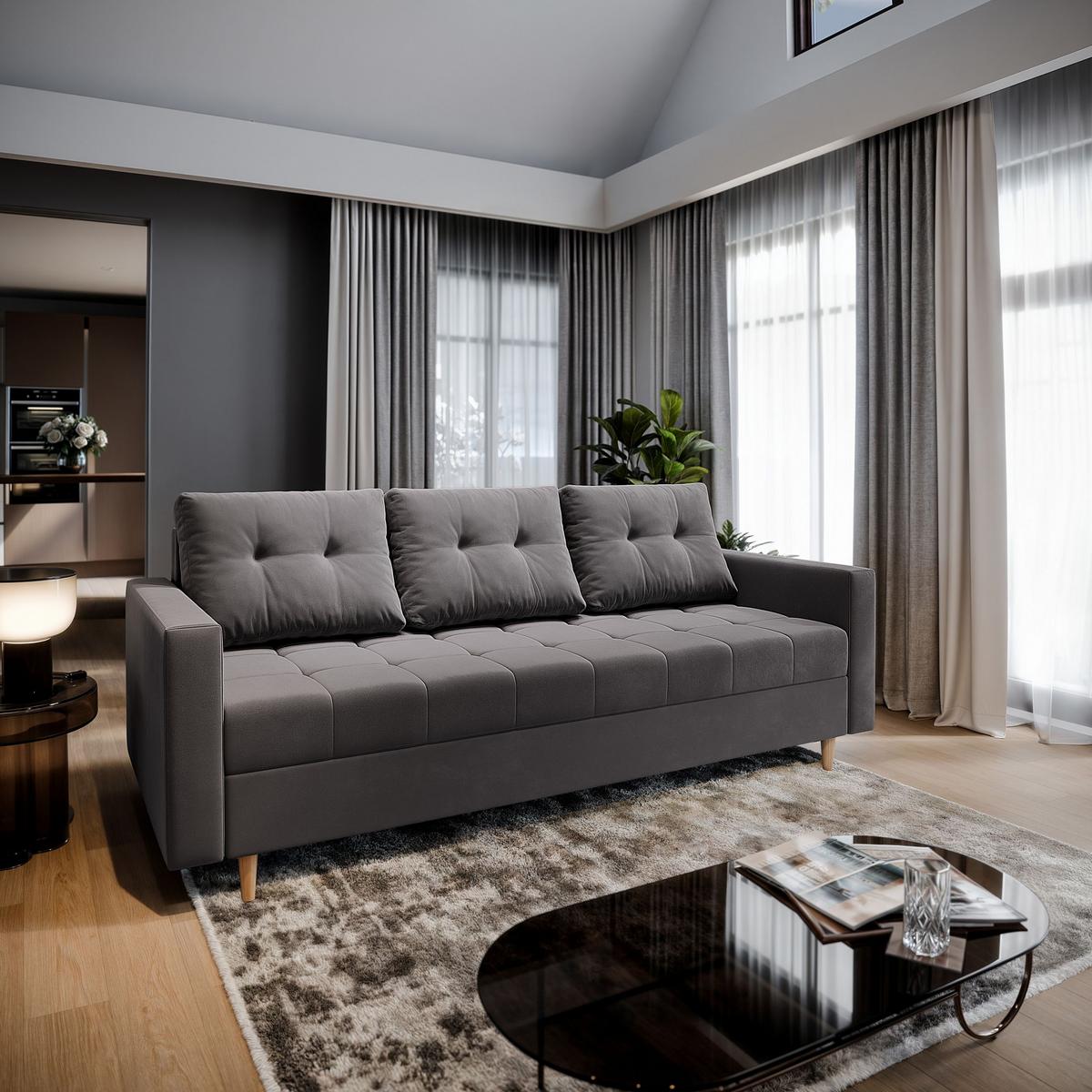 BETTSOFA MILO Grau Plüsch-Stoff mit Schlaffunktion - Grau, Textil (220/93/87cm) - MASSENO
