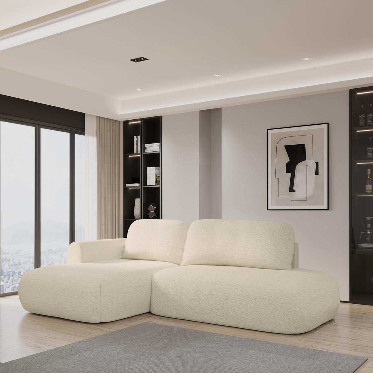 ECKSOFA NUVIRA L-S Creme Boucle-Stoff mit Schlaffunktion - Creme, Holz (279/158cm) - MASSENO