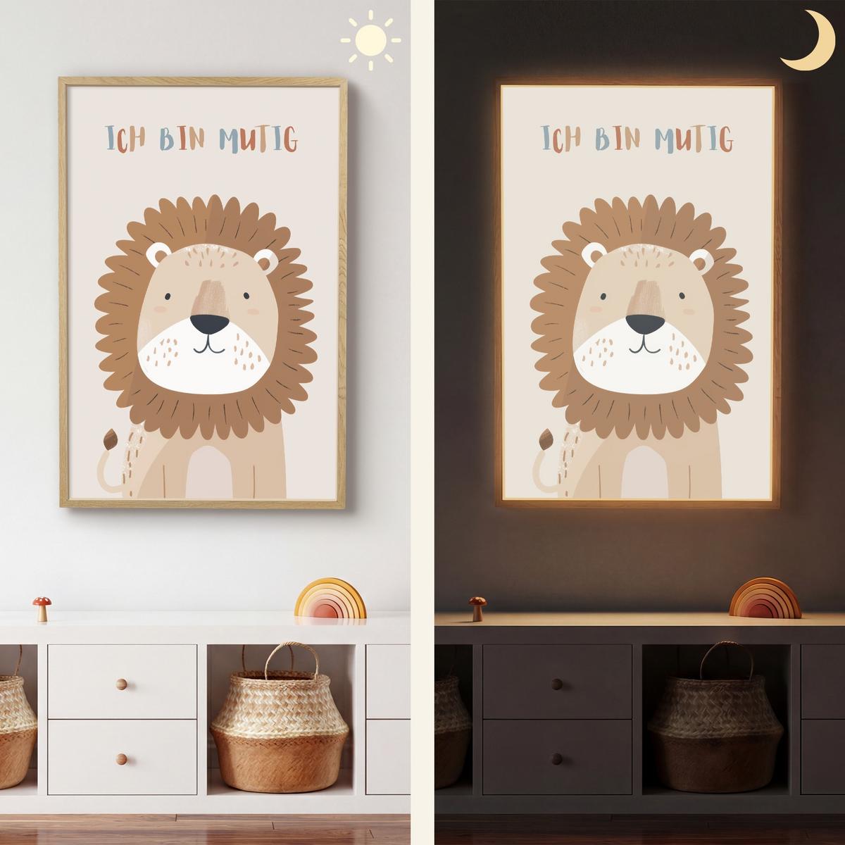 WANDLEUCHTE MIT AKKU Löwe - Beige - Tier - Mutig - Zitat 60x90 cm - Beige, Holzwerkstoff (60/90/8cm) - OnlyWow