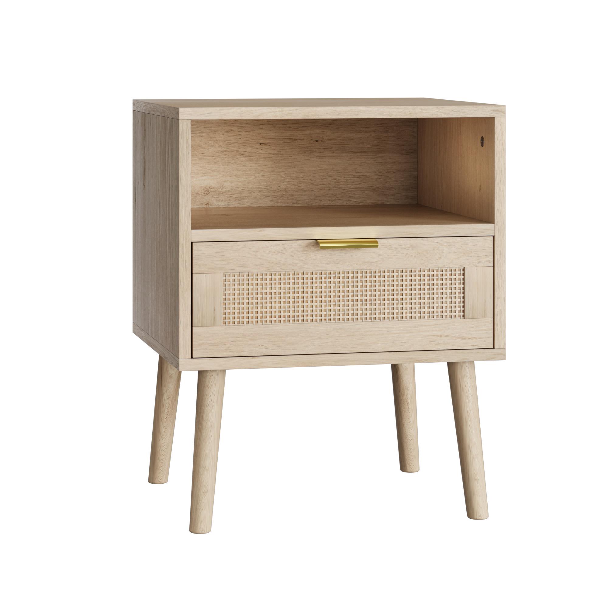 NACHTTISCH Eiche 45 cm – Boho Nachtkonsole mit Rattan & offenem Fach - Eichefarben, Holzwerkstoff (45/55/40cm) - Urban Meuble