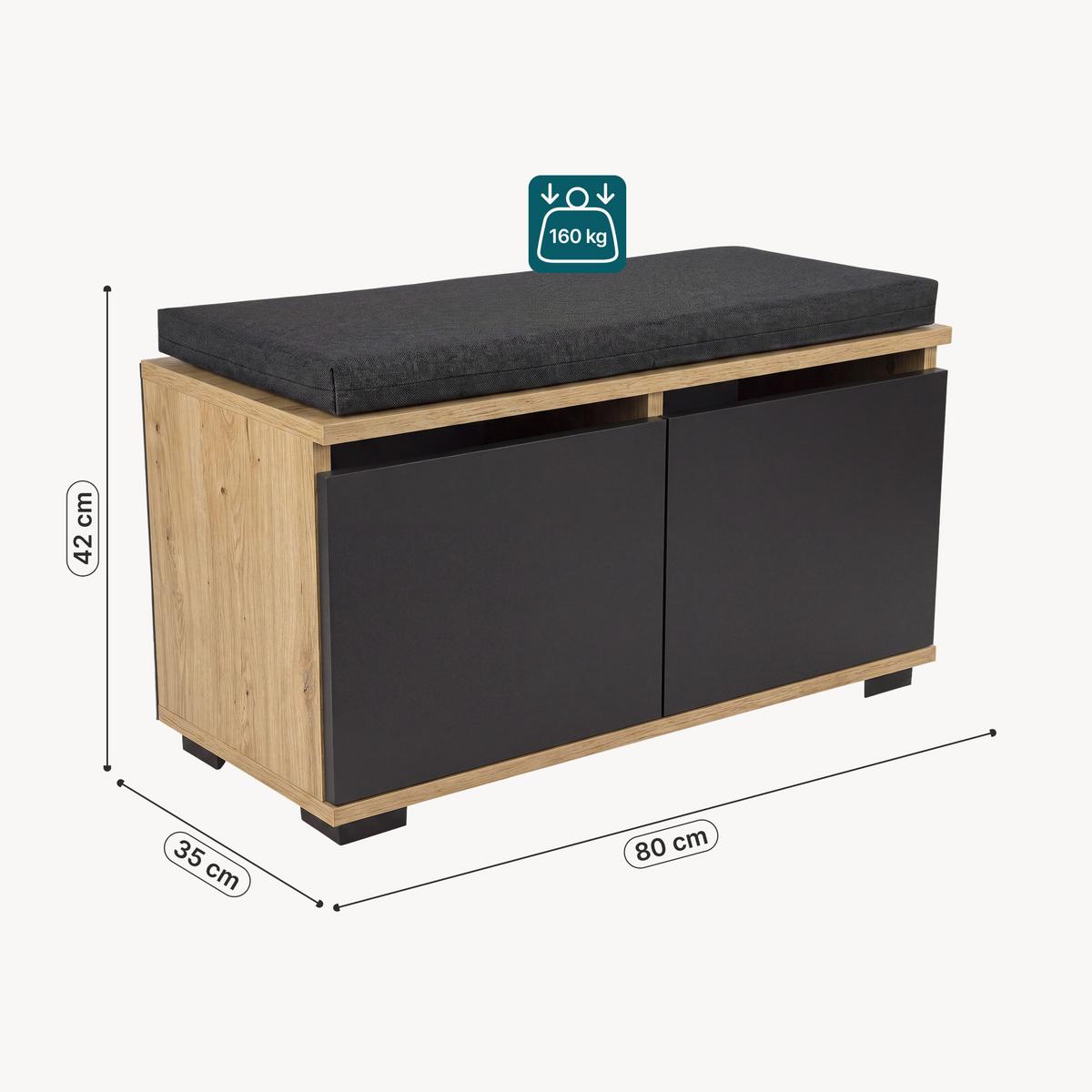 SCHUHBANK Brande - Eichefarben/Schwarz, Holzwerkstoff/Textil (80/42/35cm) - [en.casa]