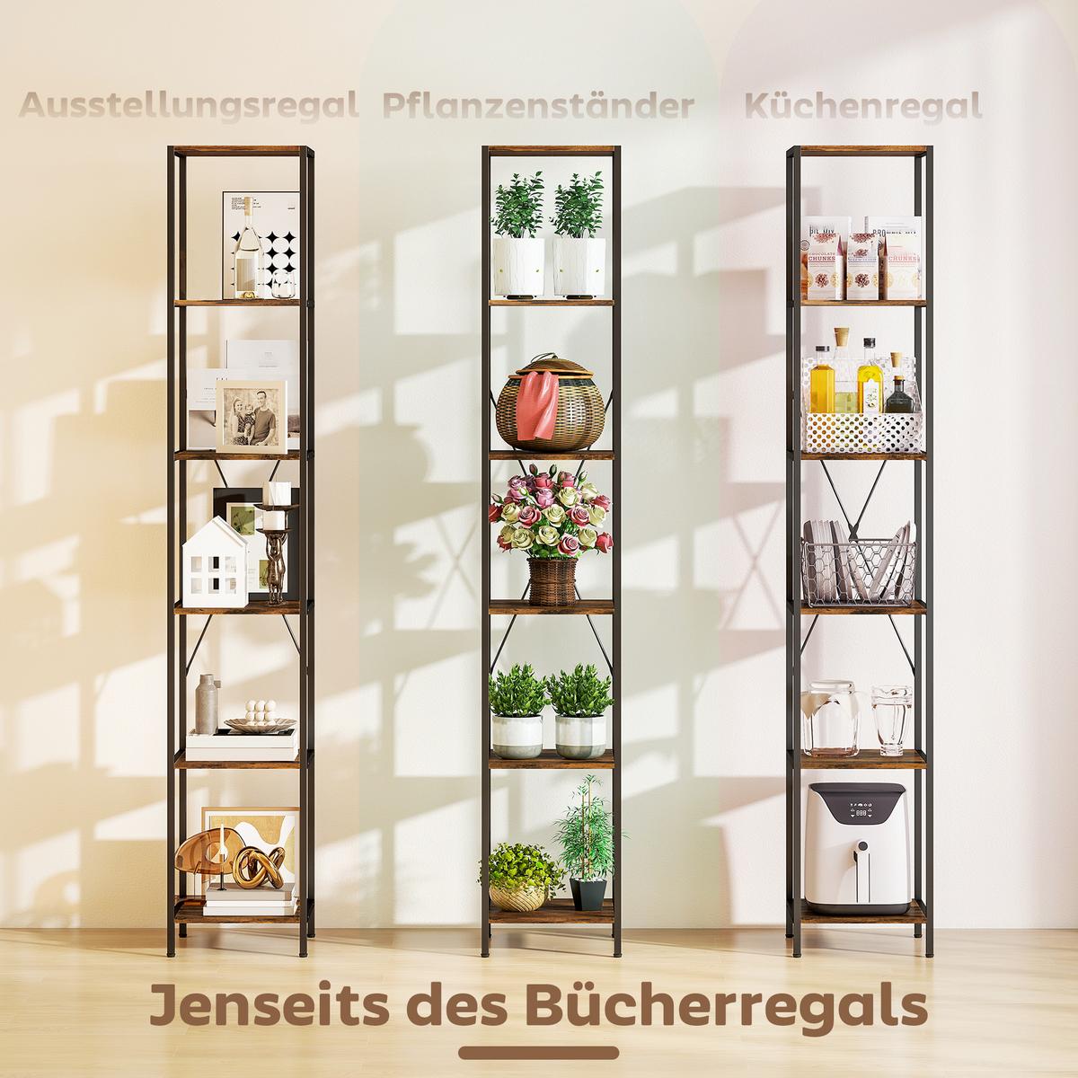 BÜCHERREGAL 2er Set Spanplatte Kohlenstoffstahl Rustikal-Braun - Schwarz/Braun, Holzwerkstoff/Metall (30/174.5/30cm) - HOMCOM