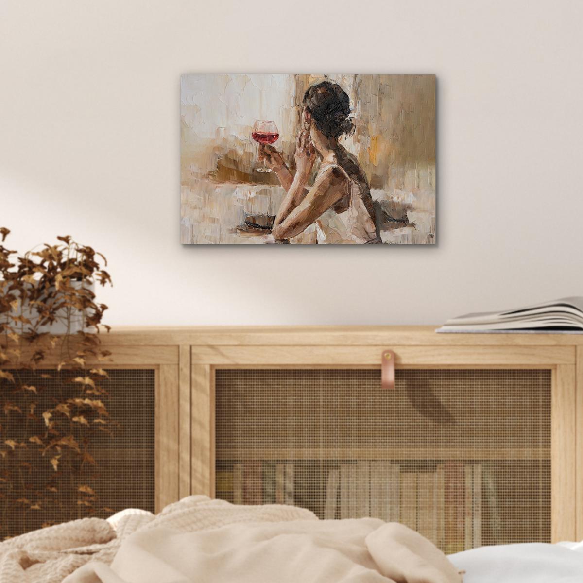 METALLBILD Ölgemälde - Frau - Wein 30x20 cm - Hellbraun, Metall (30/20cm) - MuchoWow