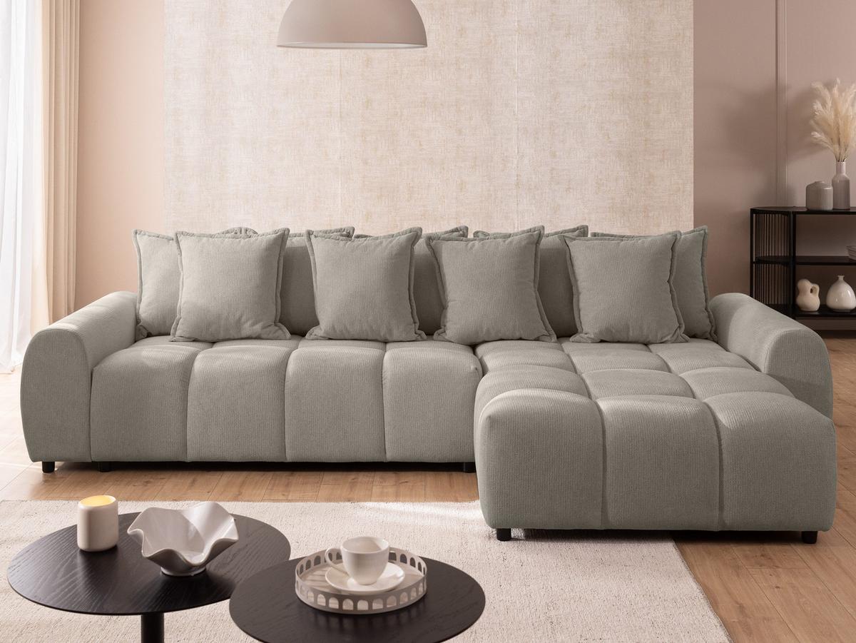 ECKSOFA Bubble mit losen Rückenkissen und Sitzfläche in Bubble-Optik aus weichem Taupe Strukturstoff mit schöner Sitzkomfort - Ottomane rechts - Taupe/Schwarz, Holz/Kunststoff (306/180cm) - S-Style Möbel
