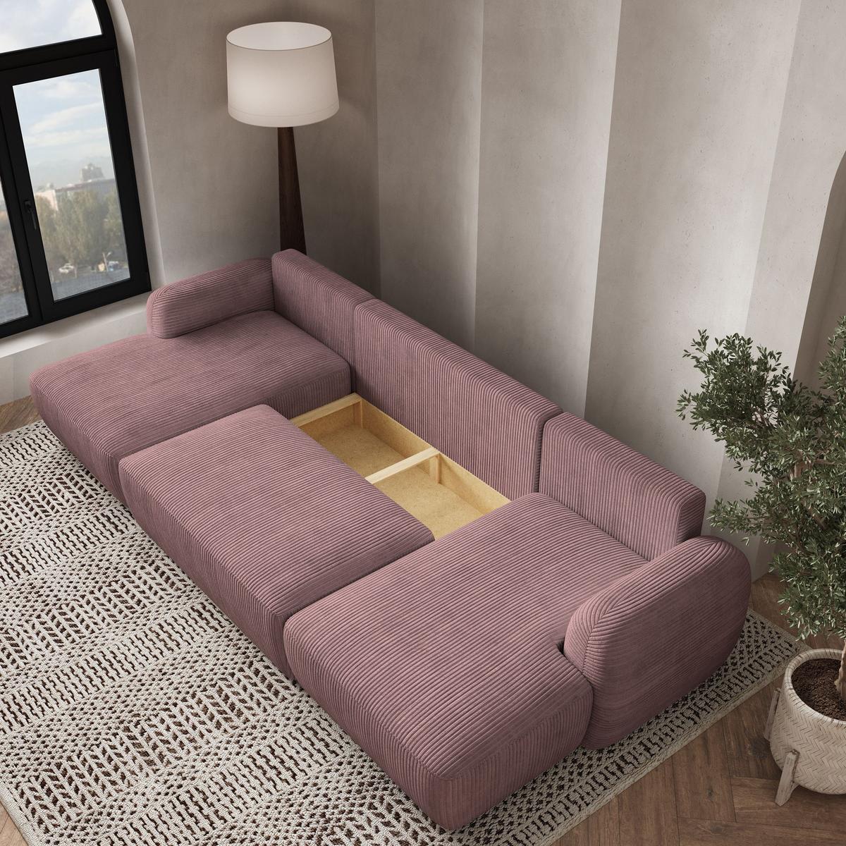 WOHNLANDSCHAFT SAVONA P Lila Kordstoff mit Schlaffunktion - Lila/Schwarz, Holz/Kunststoff (320/90/148cm) - MASSENO