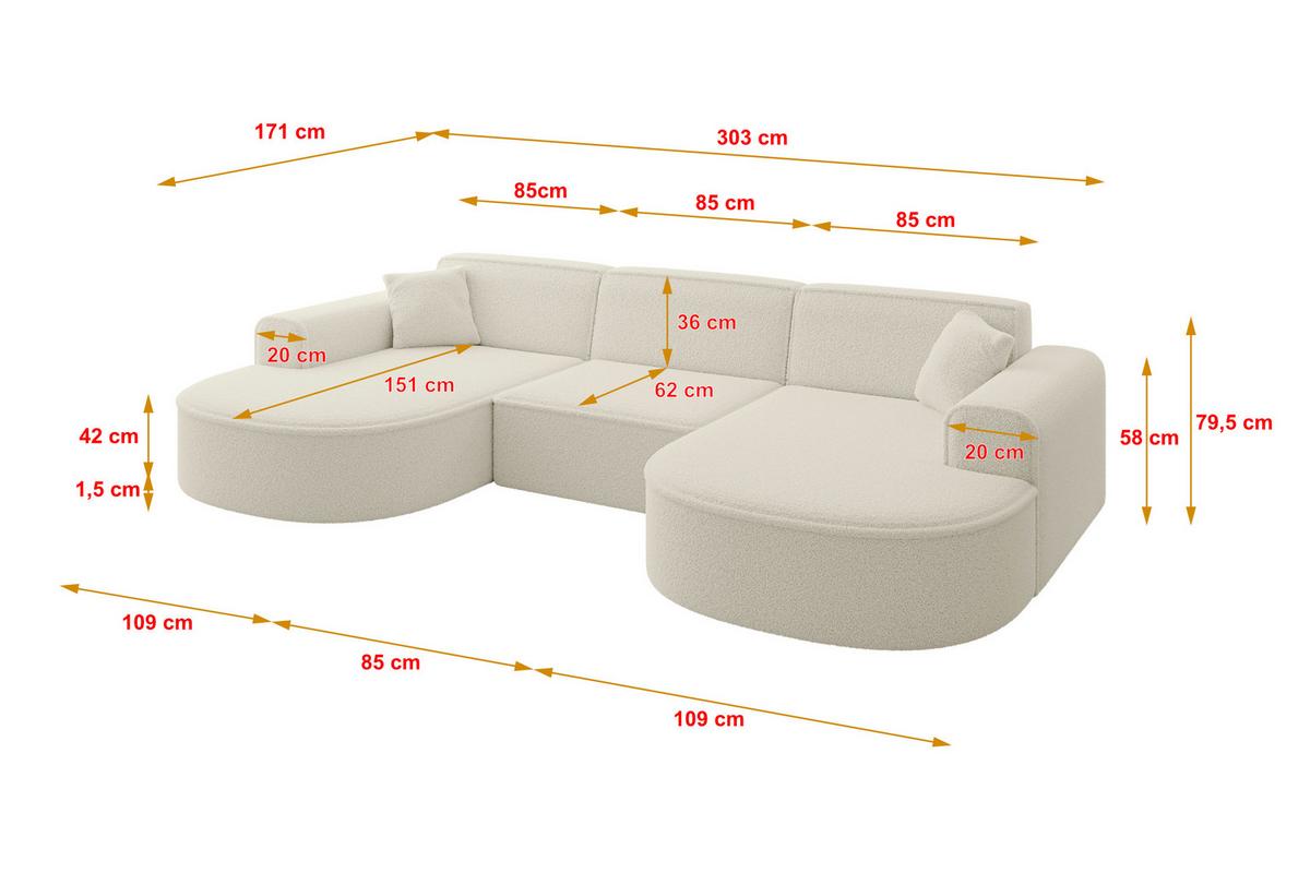 WOHNLANDSCHAFT MARI-U1 - 303x171x79 cm Beige Bouclé - Beige/Schwarz, Holzwerkstoff/Kunststoff (303/79/171cm) - ALTDECOR