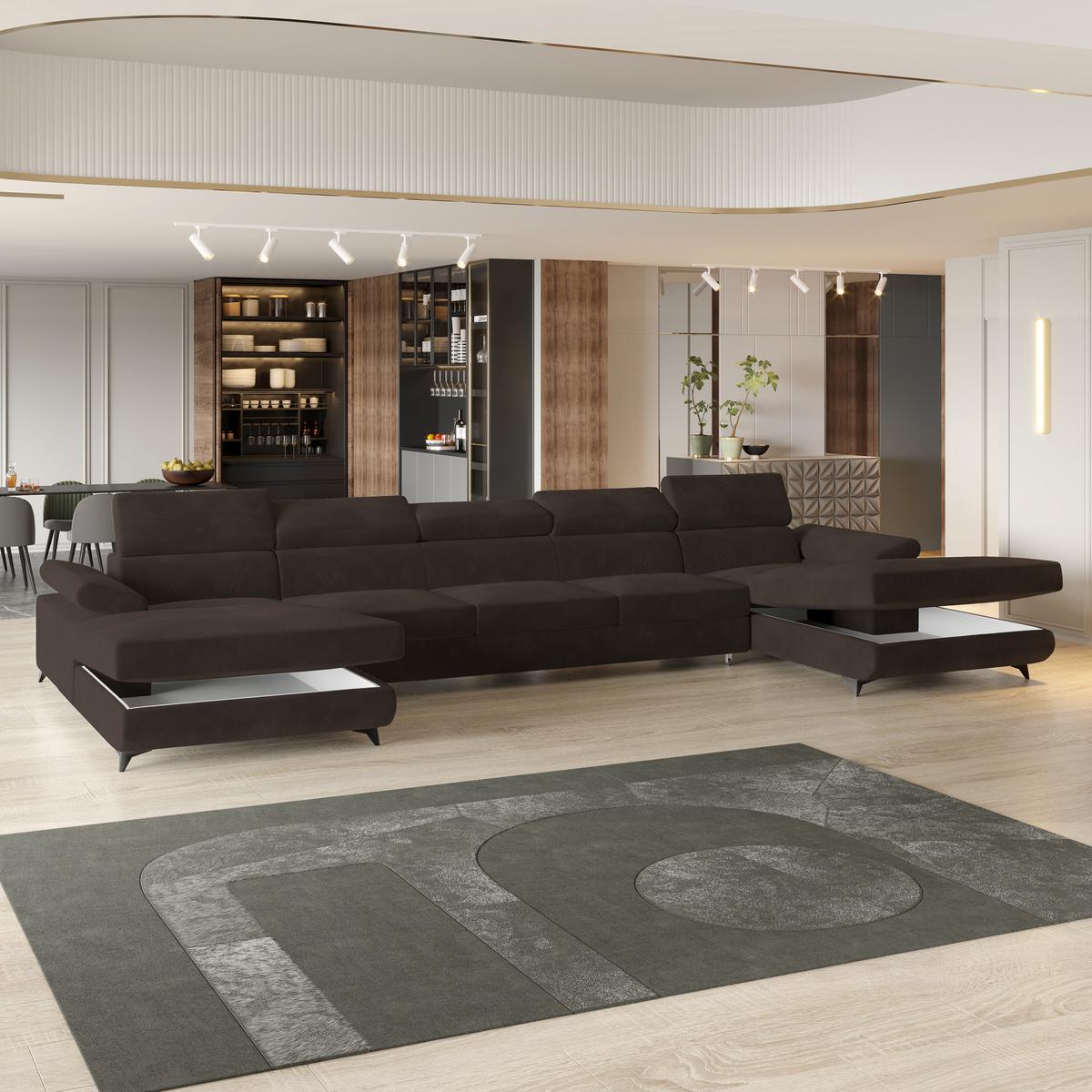 WOHNLANDSCHAFT VIVENTE Braun Velours-Stoff mit Schlaffunktion - Braun, Holz (410/89/190cm) - MASSENO