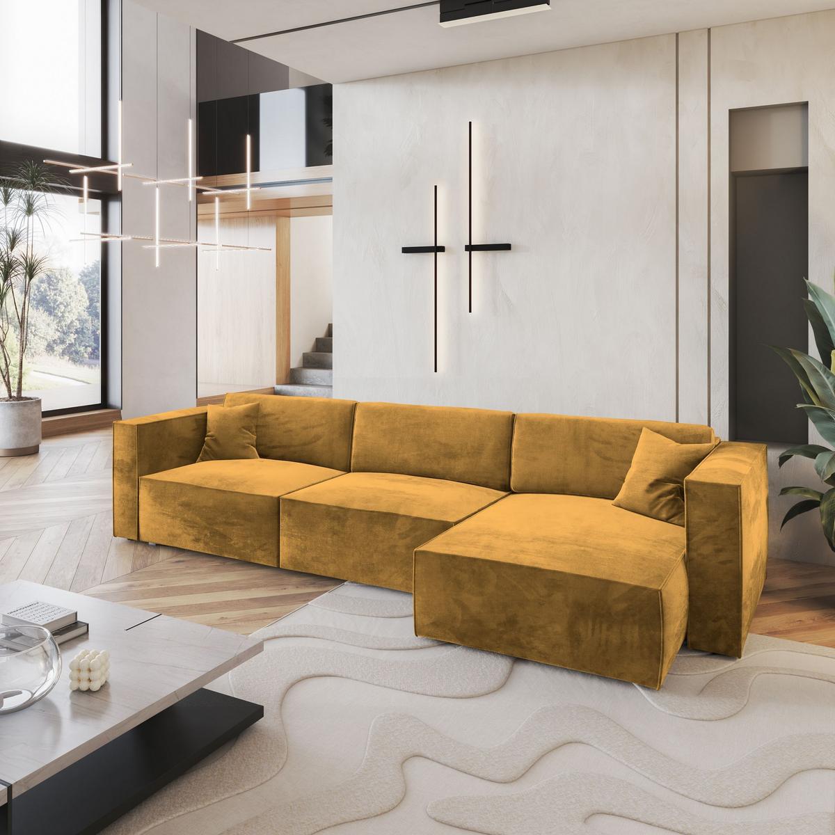 ECKSOFA TOLMO M Gelb Velours-Stoff mit Schlaffunktion - Gelb/Grau, Holz/Kunststoff (347/148cm) - MASSENO