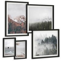 BILDER SET 5er Set - 50x50 cm & 20x30 cm & 40x60 cm Schwarzer Rahmen - Abstrakte Wellen, graue Pastellfarben - Schwarz, Kunststoff (40/60cm) - TULUP