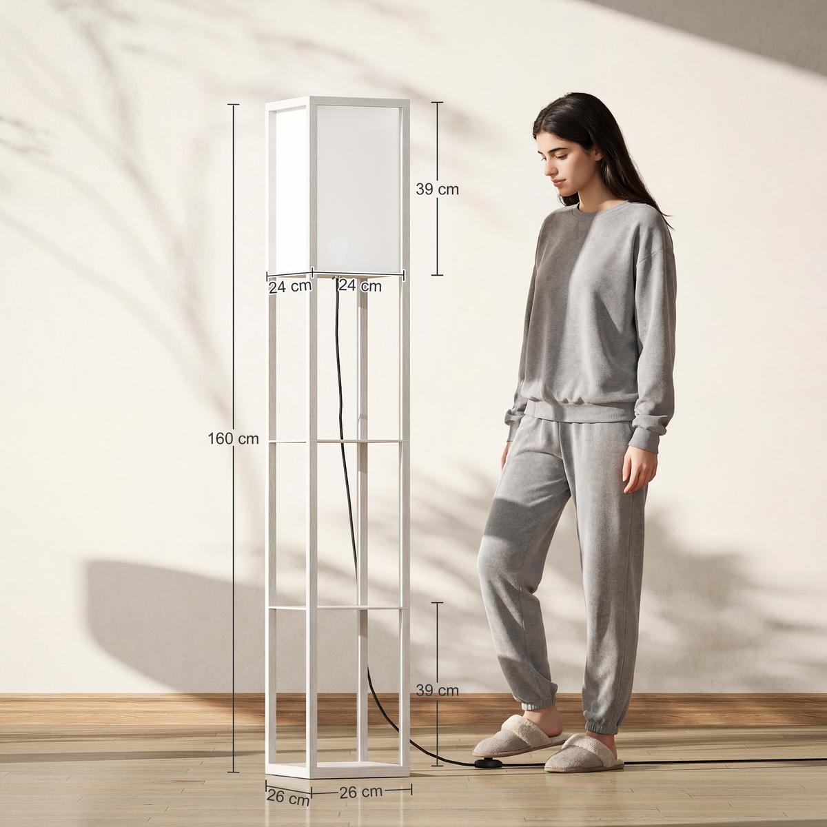 STEHLEUCHTE Beleuchtung mit 3 Regalen E27 bis 40W E1-MDF Weiß - Weiß, Textil (26/26/160cm) - HOMCOM