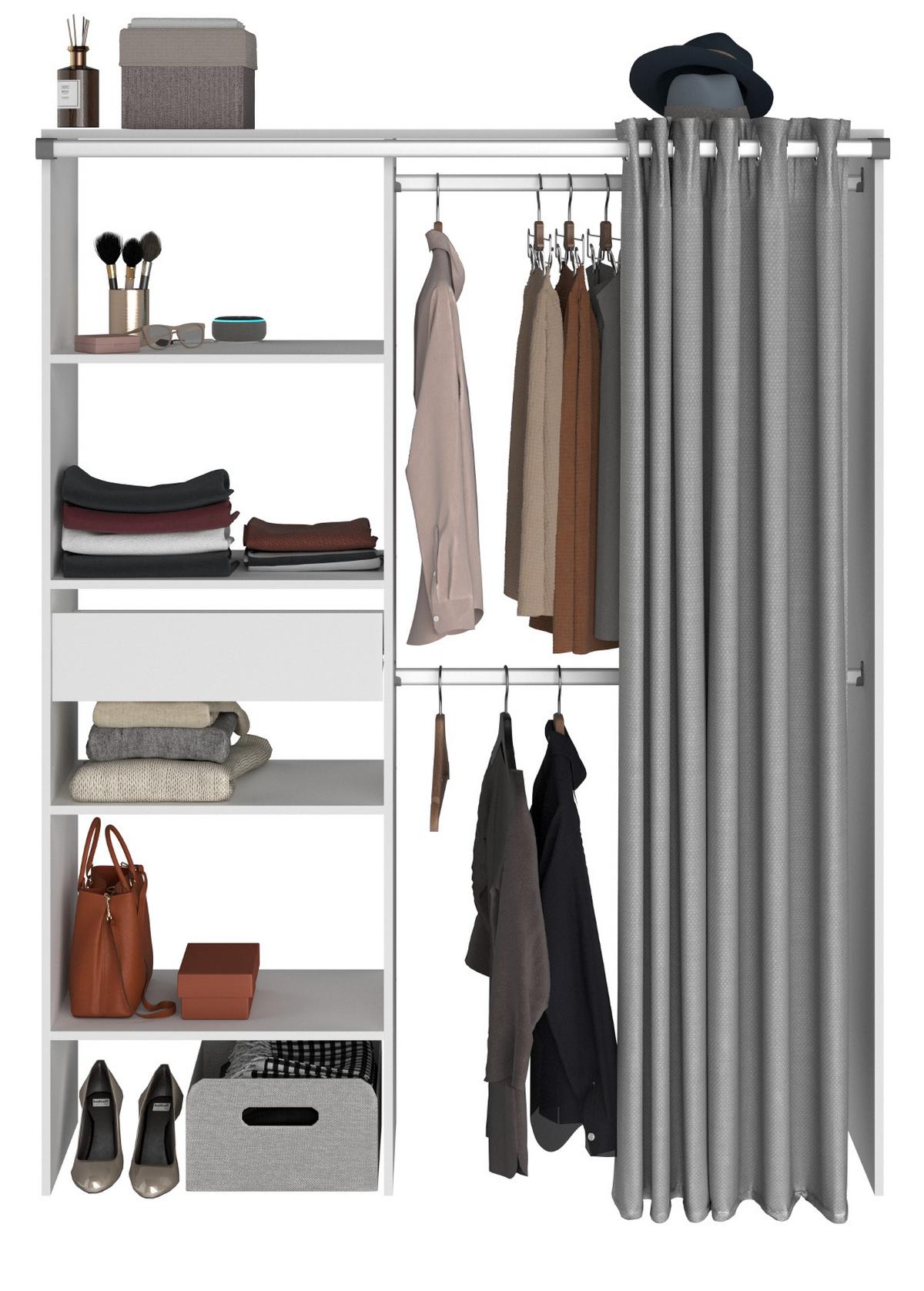 KLEIDERSCHRANK weiß, grau, Mehrzweckschrank 143 cm mit Vorhang - Weiß/Grau, Holzwerkstoff/Textil (143/182/48cm) - Parisot Meuble