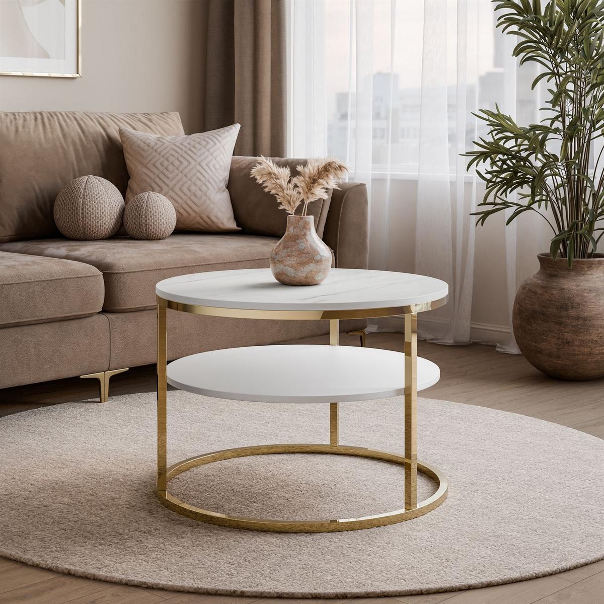 CIRI MAT Couchtisch mit Ablage und Gestell in Goldchrom Weiß Marmor - Goldfarben/Weiß, Holzwerkstoff (70/70/49cm) - Lookway