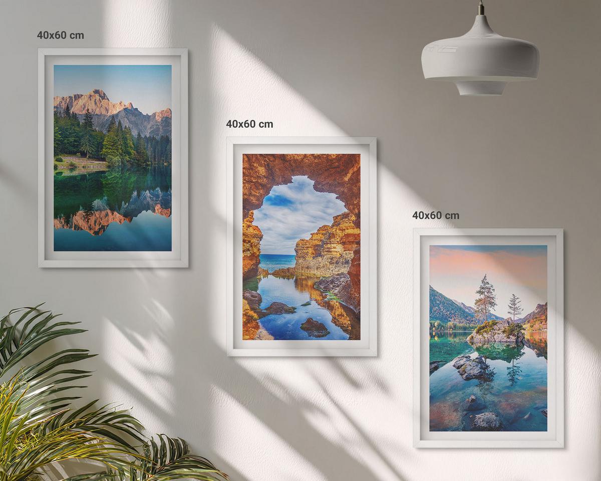 BILDER SET 3er Set - 40x60 cm Weißer Rahmen - Spiegelungen der Felsen in Bergseen - Weiß, Kunststoff (40/60cm) - TULUP