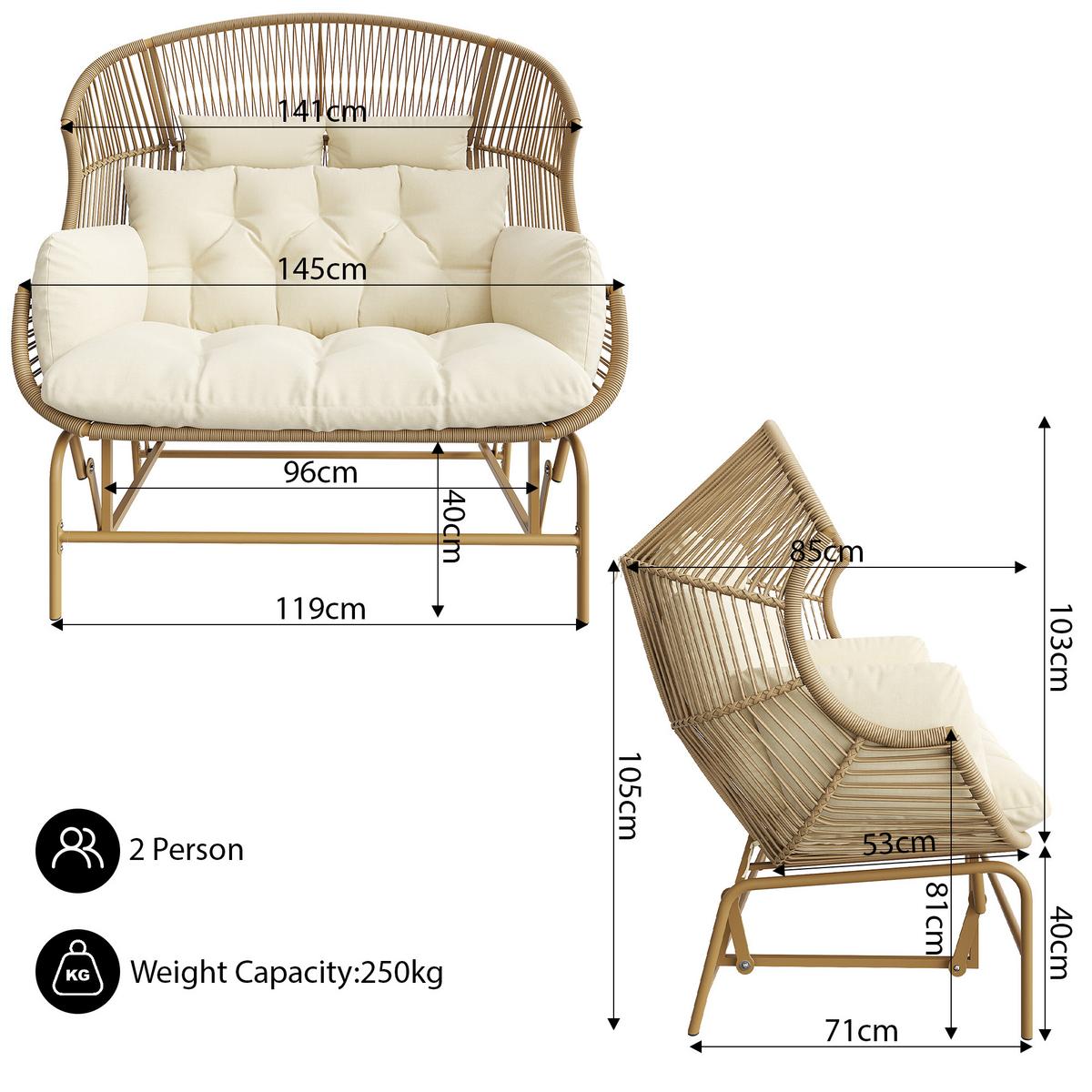 GARTENSCHAUKEL 145 cm Natur PE-Rattan 2-Sitzer Schaukelstuhl mit Kissen & Metallgestell für Balkon und Terrasse - Naturfarben, Metall (145/143/85cm) - Urban Meuble