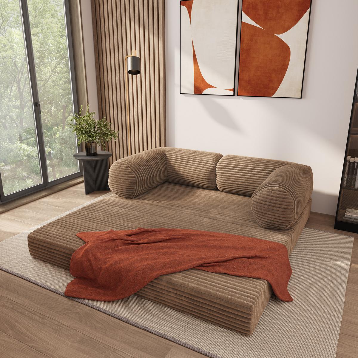 BETTSOFA ALVIO aus Schaumstoff Kordstoff Beige Schlaffunktion - Beige, Textil (170/68/80cm) - MASSENO