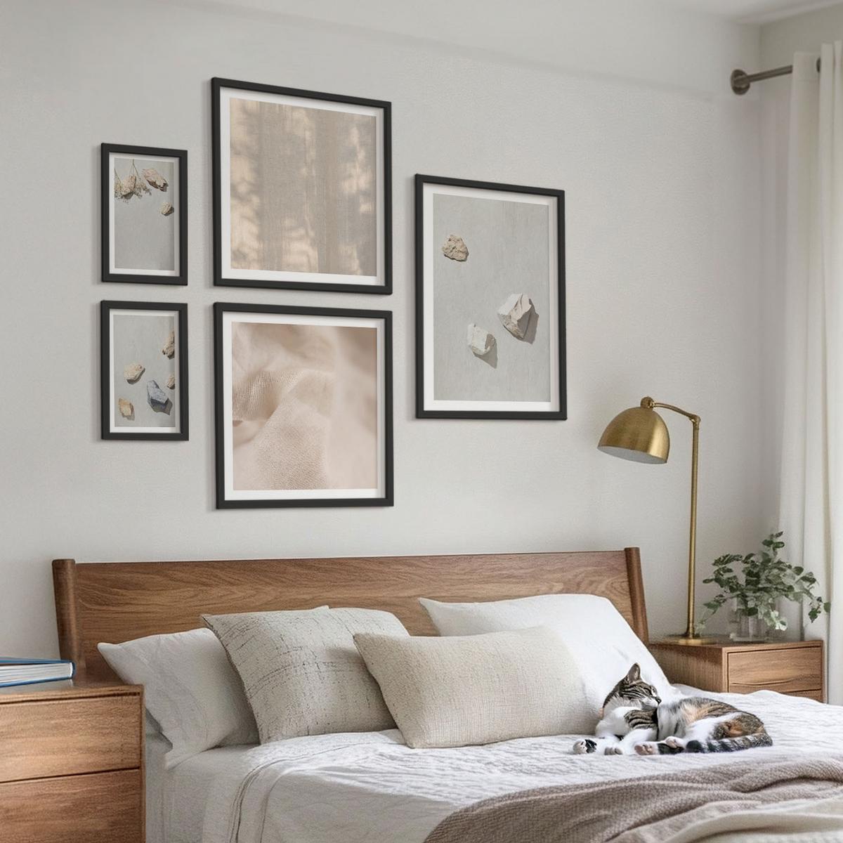 BILDER SET 5er Set - 50x50 cm & 20x30 cm & 40x60 cm Schwarzer Rahmen - Boho-Stranddekorationen aus Steinen - Schwarz, Kunststoff (40/60cm) - TULUP