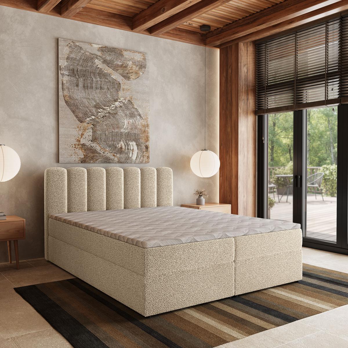 BOXBETT SOLIA 180x200 cm mit Matratze und Topper, H2+H3 - Creme - Creme, Holz (180/200cm) - MASSENO