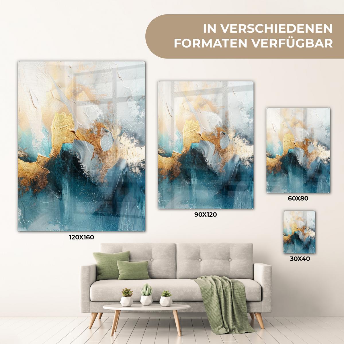 ACRYLGLASBILD Abstrakt - Kunst - Gold - Blau 60x80 cm - Petrol, Glas (60/80cm) - MuchoWow