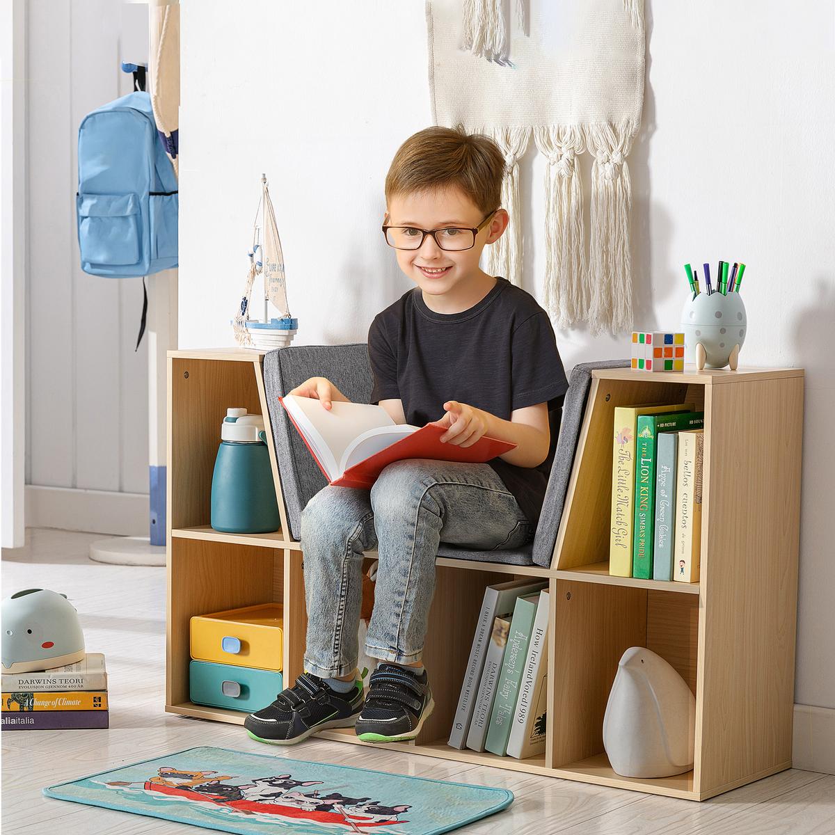KINDERREGAL 2-in-1 Eckregal mit 6 Fächern Kindersitzbank mit Kissen Grau - Hellbraun/Naturfarben, Holzwerkstoff/Textil (30/62/103cm) - HOMCOM
