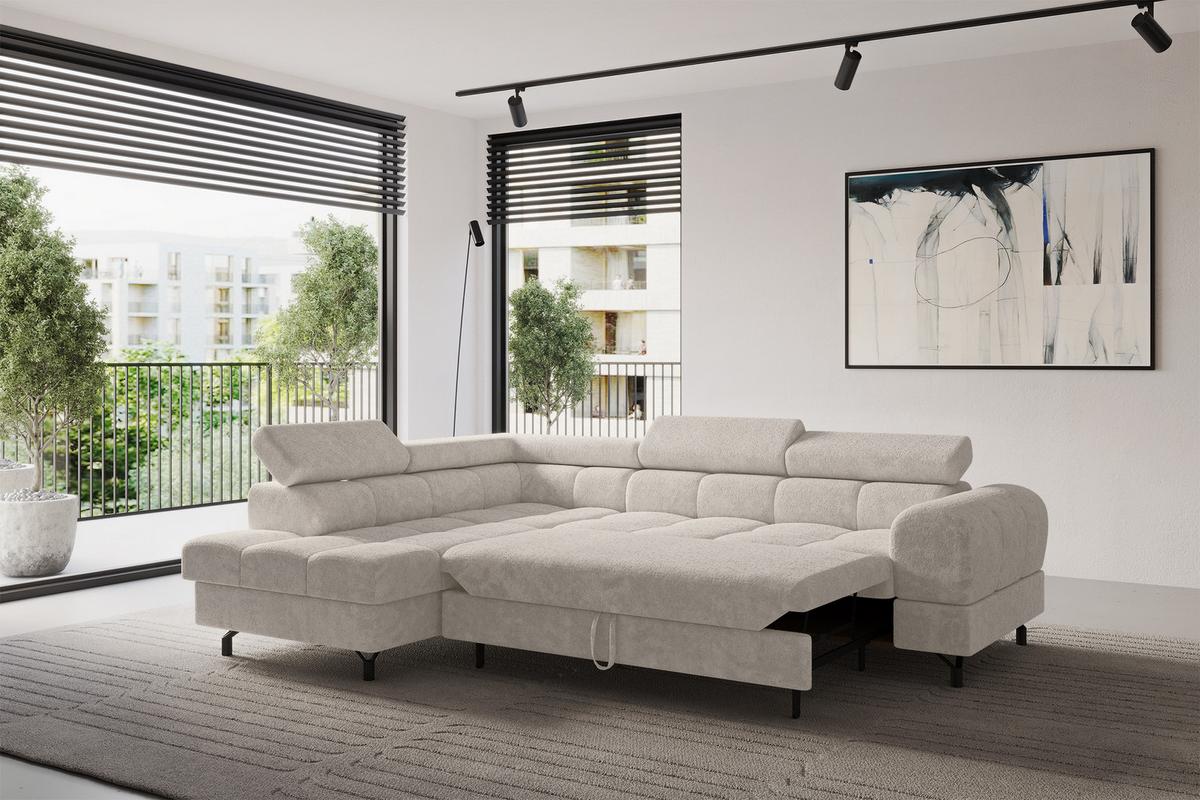 ECKSOFA mit Schlaffunktion Ottomane Links LUMA-L 272x203x70 Beige Velours - Beige/Schwarz, Holzwerkstoff/Kunststoff (272/203cm) - ALTDECOR