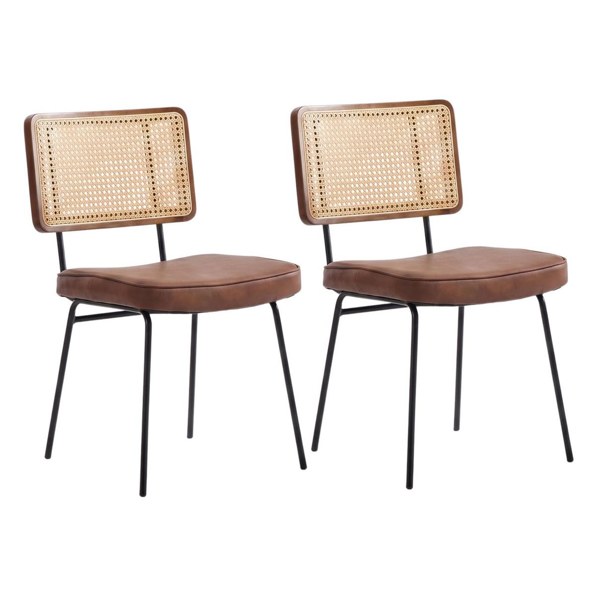 ESSZIMMERSTUHL 2er-Set Vintage PU-Leder Rattan-Optik Holz & Metallfüße - Braun, Leder (47/82/58cm) - Urban Meuble