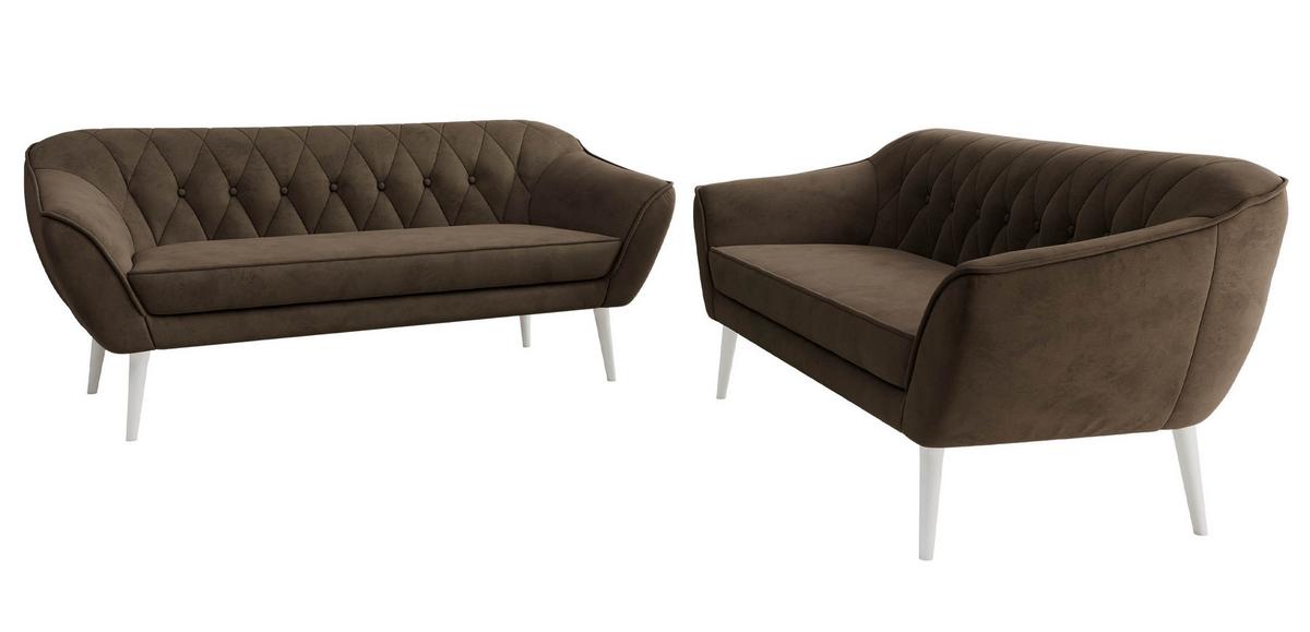 SITZGARNITUR PIRS 3+3 - Braun Velvet - Weiße Beine - Dunkelbraun/Braun, Holzwerkstoff/Textil (180/75/74cm) - MKS