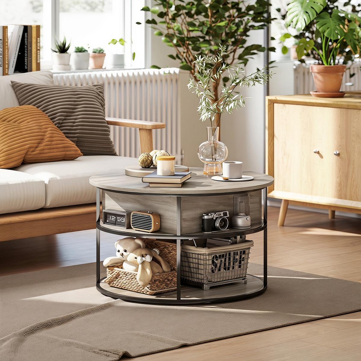 COUCHTISCH-MIT-ANHEBBARER-TISCHPLATTE Metall Spanplatte Eiche - Eichefarben/Schwarz, Holzwerkstoff/Metall (80/80/61.5cm) - HOMCOM