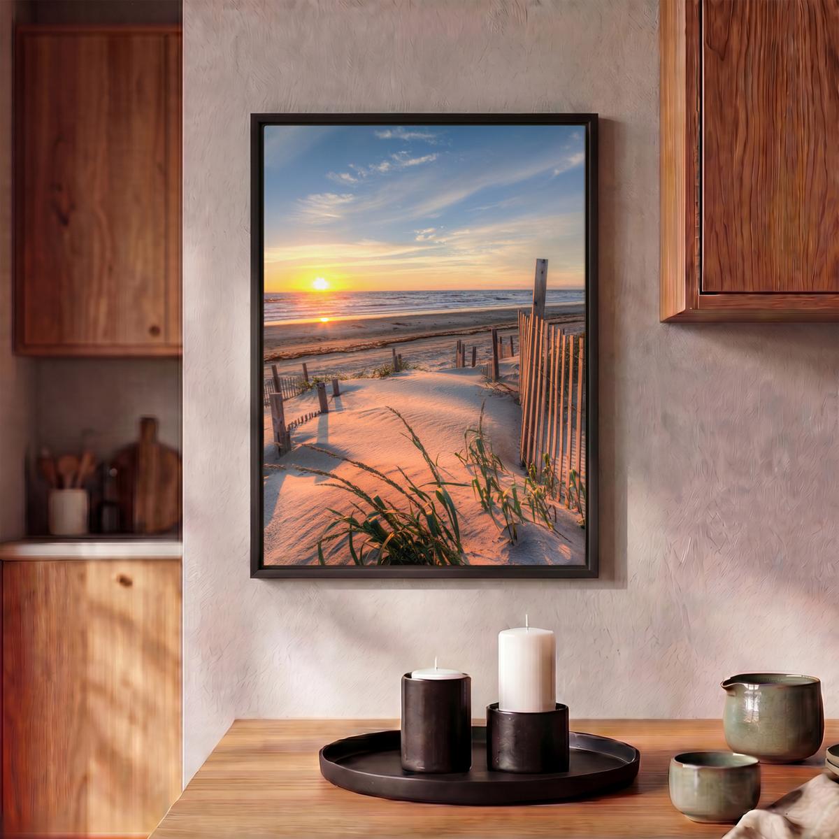 LEINWAND Bilder mit Rahmen - Strand - Meer - Düne - Sonnenuntergang - Landschaft - 30x40 - Beige, Textil (30/40cm) - MuchoWow