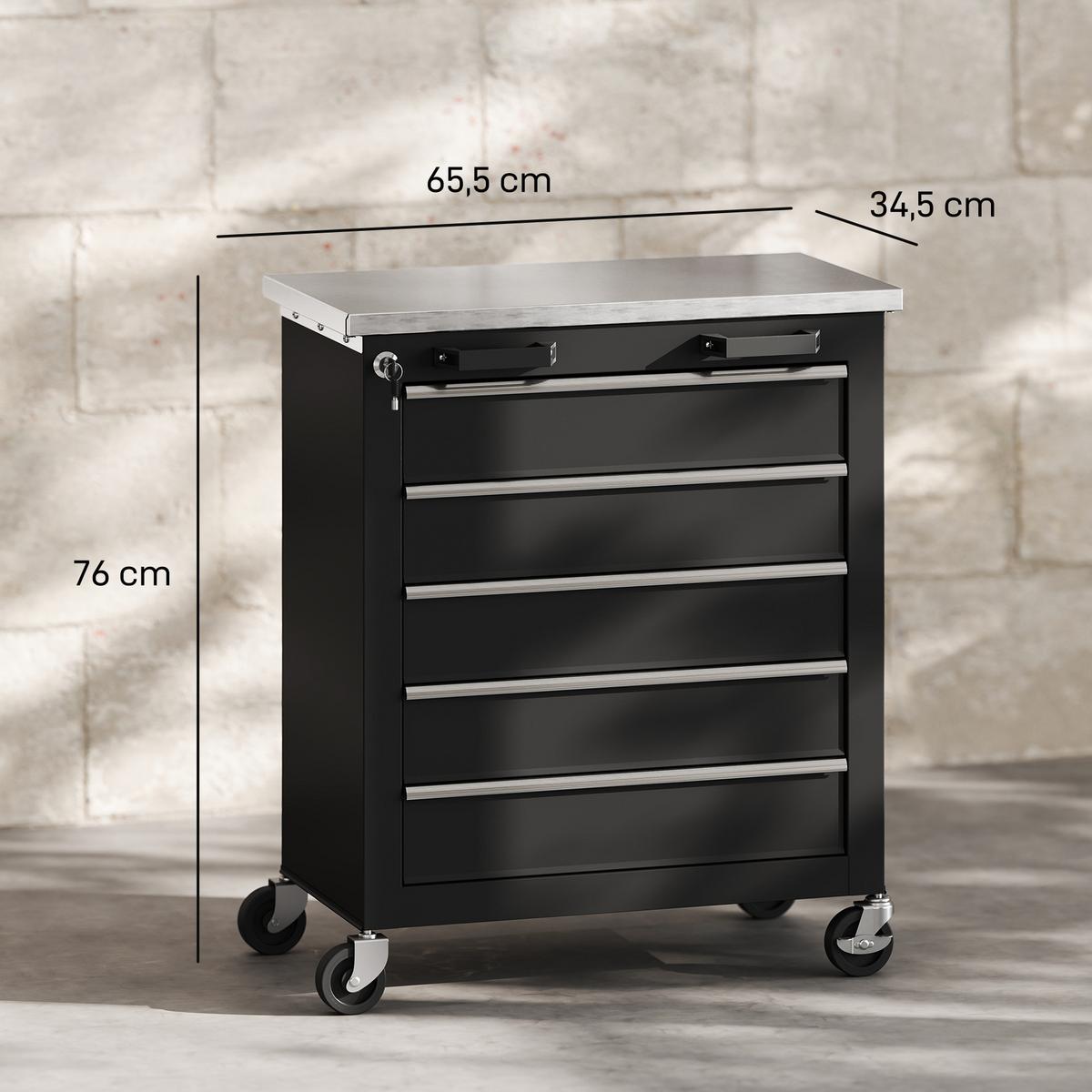 WERKSTATTWAGEN mit 5 Schubladen Werkzeugwagen leer abschließbar Stahl Schwarz - Schwarz, Metall (34.5/76/65.5cm) - HOMCOM
