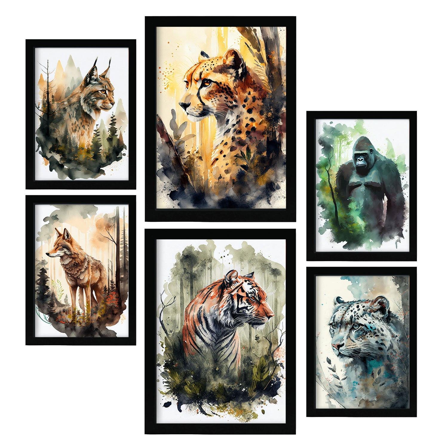 POSTER Set Mit 6 Katzen Illustrationen Von Tieren In Naturlandschaften, Realistischer Aquarellstil Innenarchitektur A3 & A4 Schwarzer Rahmen - Schwarz, Papier (29/3cm) - Nacnic