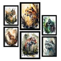 POSTER Set Mit 6 Katzen Illustrationen Von Tieren In Naturlandschaften, Realistischer Aquarellstil Innenarchitektur A3 & A4 Schwarzer Rahmen - Schwarz, Papier (29/3cm) - Nacnic