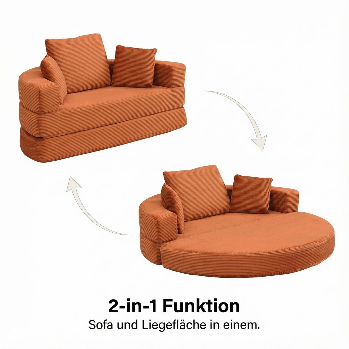 SOFABETT Klappbares Gästebett & Modulares Sofa aus weichem Cord-Stoff - Dunkelorange, Textil (173/40/176cm) - Urban Meuble