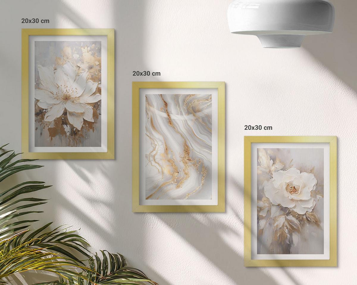 BILDER SET 3er Set - 20x30 cm Goldrahmen - Abstrakte Blumen aus Marmor - Goldfarben, Kunststoff (20/30cm) - TULUP