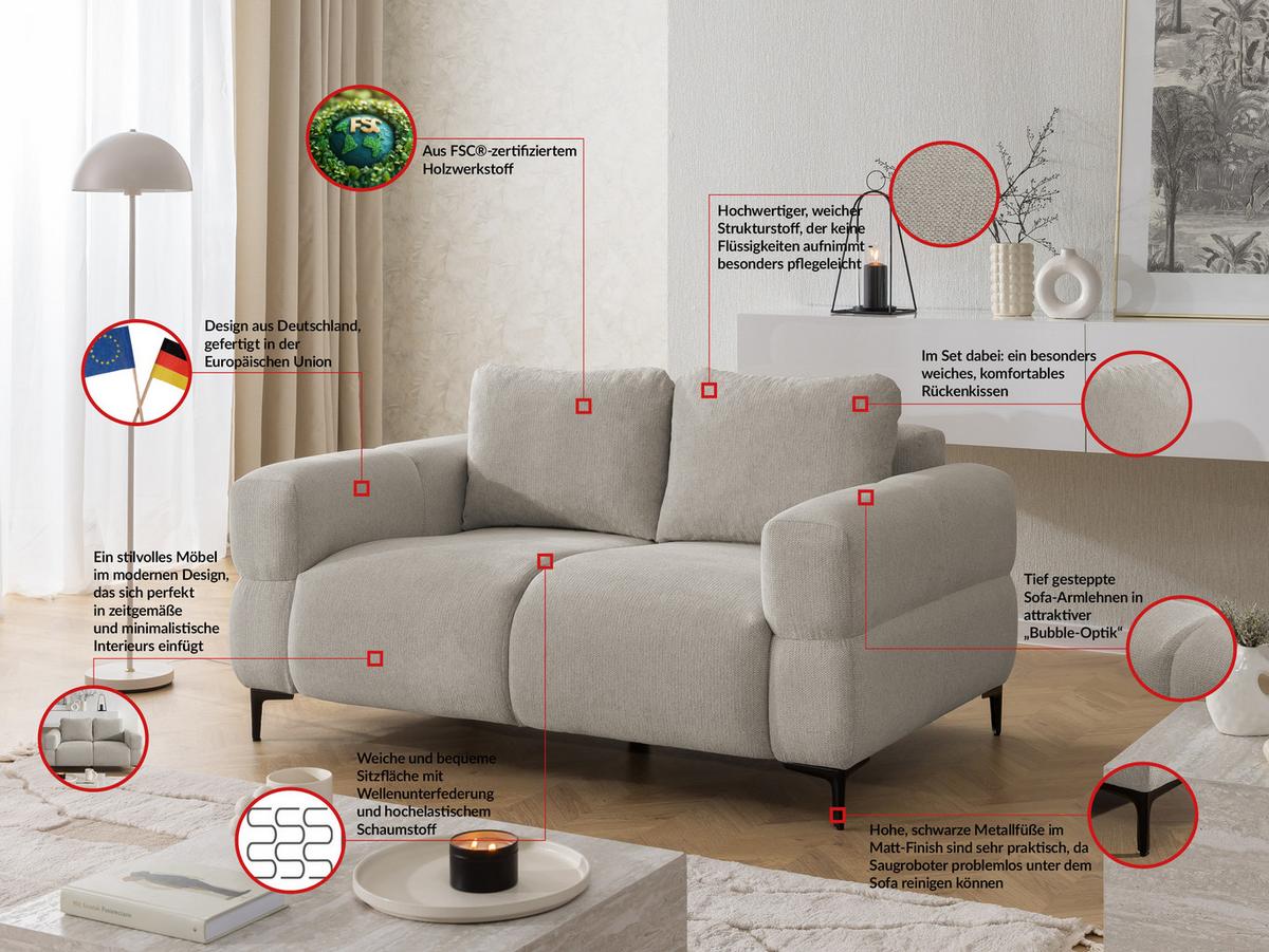 2-SITZER-SOFA Cardea in Bubble-Optik aus weichem Taupe Strukturstoff mit hohem Sitzkomfort - Taupe/Schwarz, Holz/Textil (154/80/97cm) - S-Style Möbel