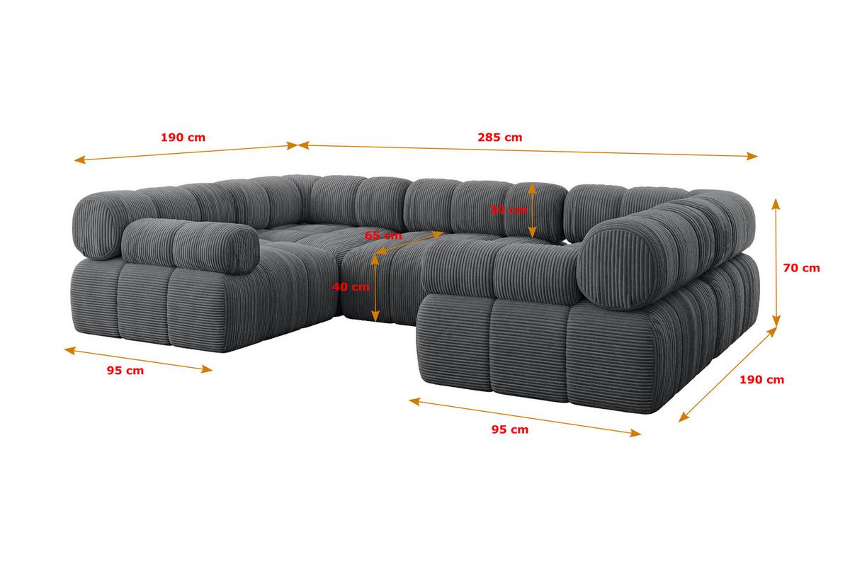 WOHNLANDSCHAFT modulares Sofa Birno-U1 - 285x190x70 cm Dunkelgrau Cord - Dunkelgrau, Holzwerkstoff/Textil (285/70/190cm) - ALTDECOR