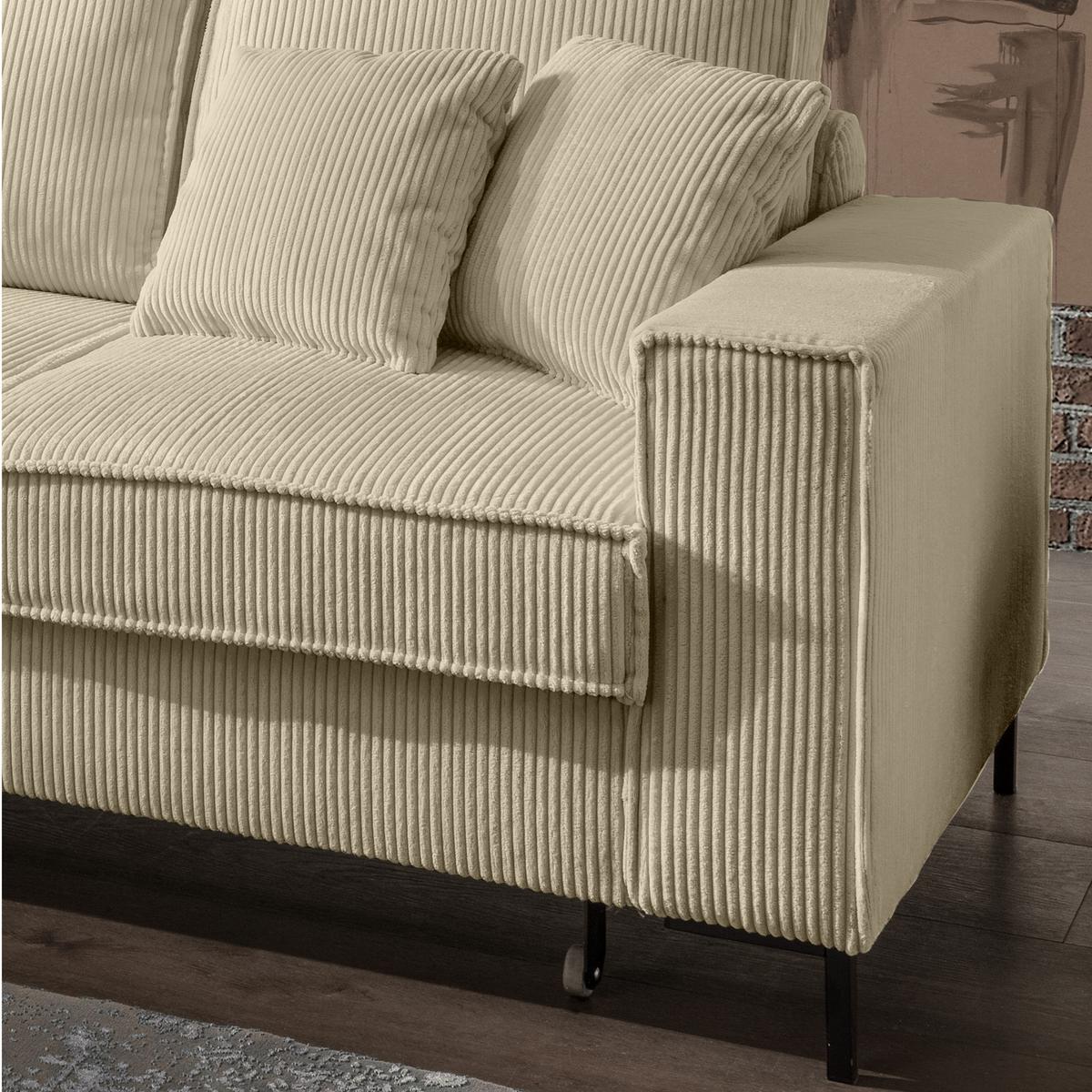 ECKSOFA mit Schlaffunktion, Bettkasten, Wellenunterfederung, Récamiere links B240/T150/H92 cm, Liegefl. 125x198 cm, Cord Beige Grau / 17223 - Greige/Schwarz, Textil/Metall (240/150cm) - luma-home