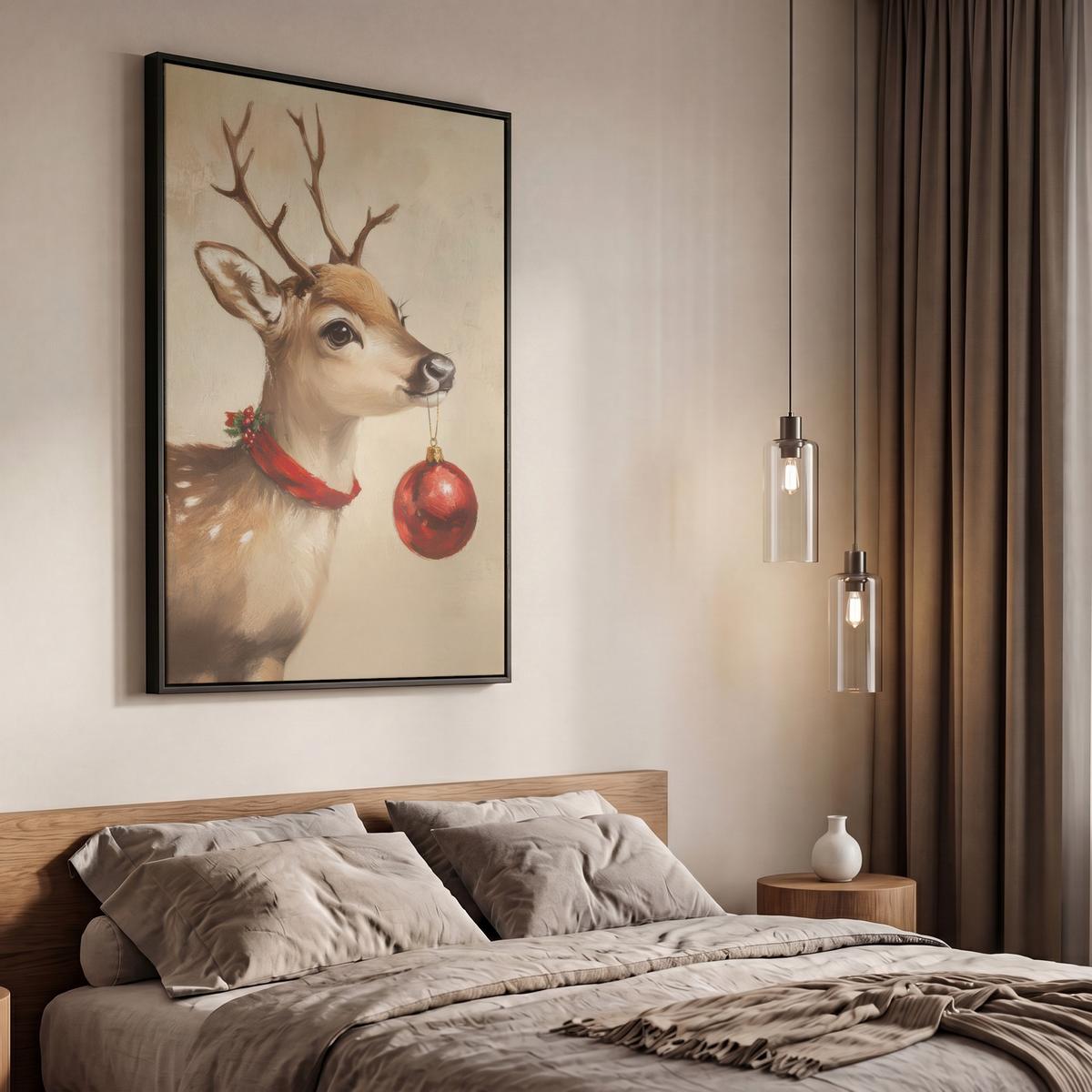 LEINWAND Bilder mit Rahmen - Weihnachten - Hirsch - Geweih - Weihnachtskugel - Rentier - 60x90 - Hellbraun, Textil (60/90cm) - MuchoWow